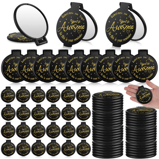 Huwena 100 Pcs Inspirational Compact Mirror Bulk Mini Gifts Women Round Purse Pocket Mirror, Mothers Day Employee Appreciation Gifts, Wedding Party Favors for Guests(Black,Awesome)