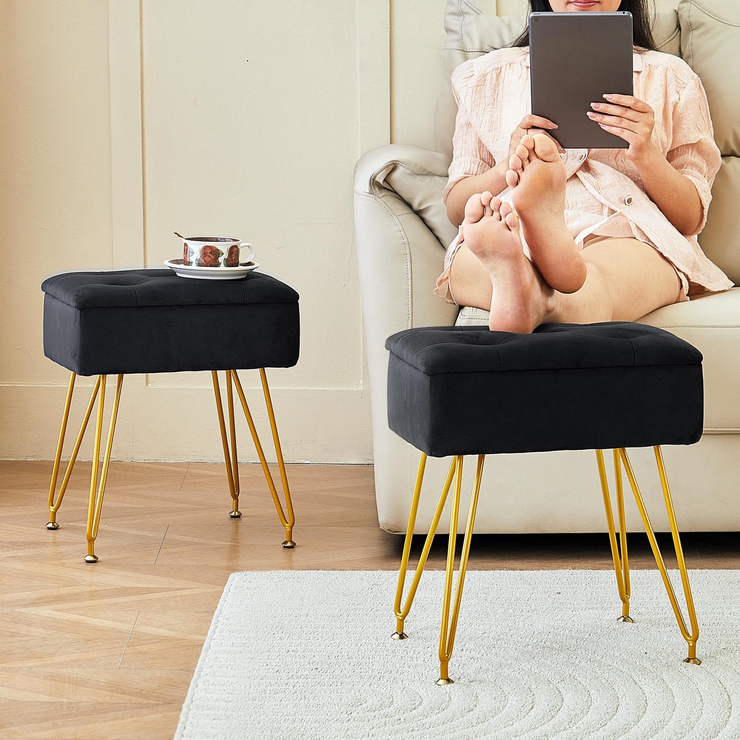 ALeesing Vanity Stool with Storage, Velvet Makeup Stool with Flip Top, Square Ottoman Chair with Metal Legs & Adjustable Feet for Bedroom Living Room, Black