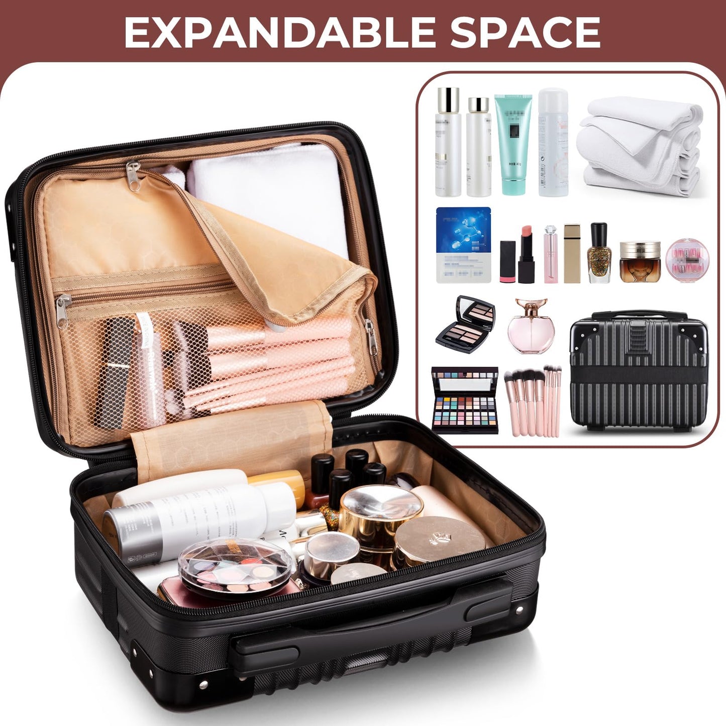 Noverlife 14 Inch Portable Hard Shell Cosmetic Travel Case, Mini Travel Hand Luggage with Elastic Band Travel Makeup Case, Small Makeup Carrying Suitcase for Train Cosmetic Bag Travel Camping - Black
