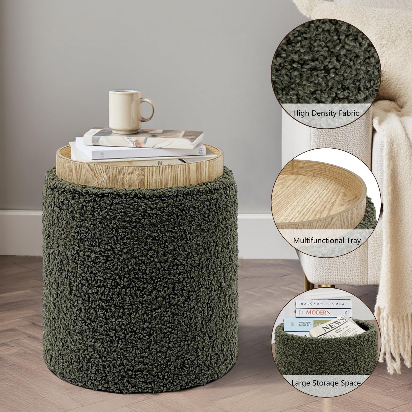 Get Set Style Modern Round Ottoman with Soft Padded Seat, Storage Vanity Stool for Makeup, Upholstered Footrest Stool Ottoman Foot Stool for Living Room, Bedroom