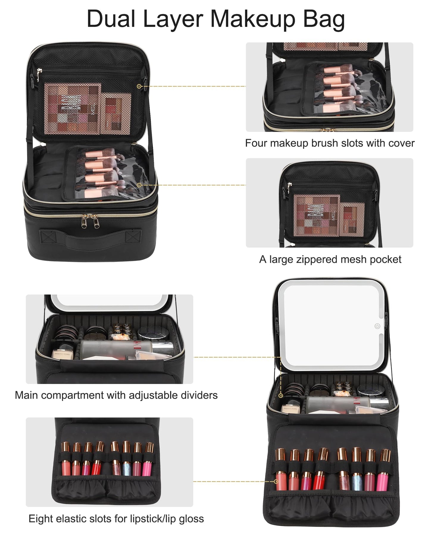 Chomeiu Makeup Bag with LED Mirror, 2 Layer Travel Makeup Case for Women and Makeup Artists Cosmetic Organizer Large Make Up Bags, 3 Color Lights, Adjustable Dividers and Brush Holder
