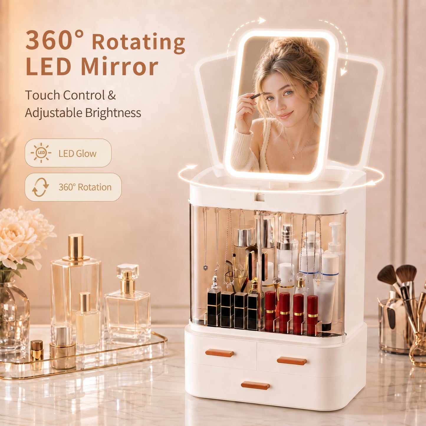 Mwykzrt Makeup Organizer with LED Mirror, Cosmetic Display Cases, Off White