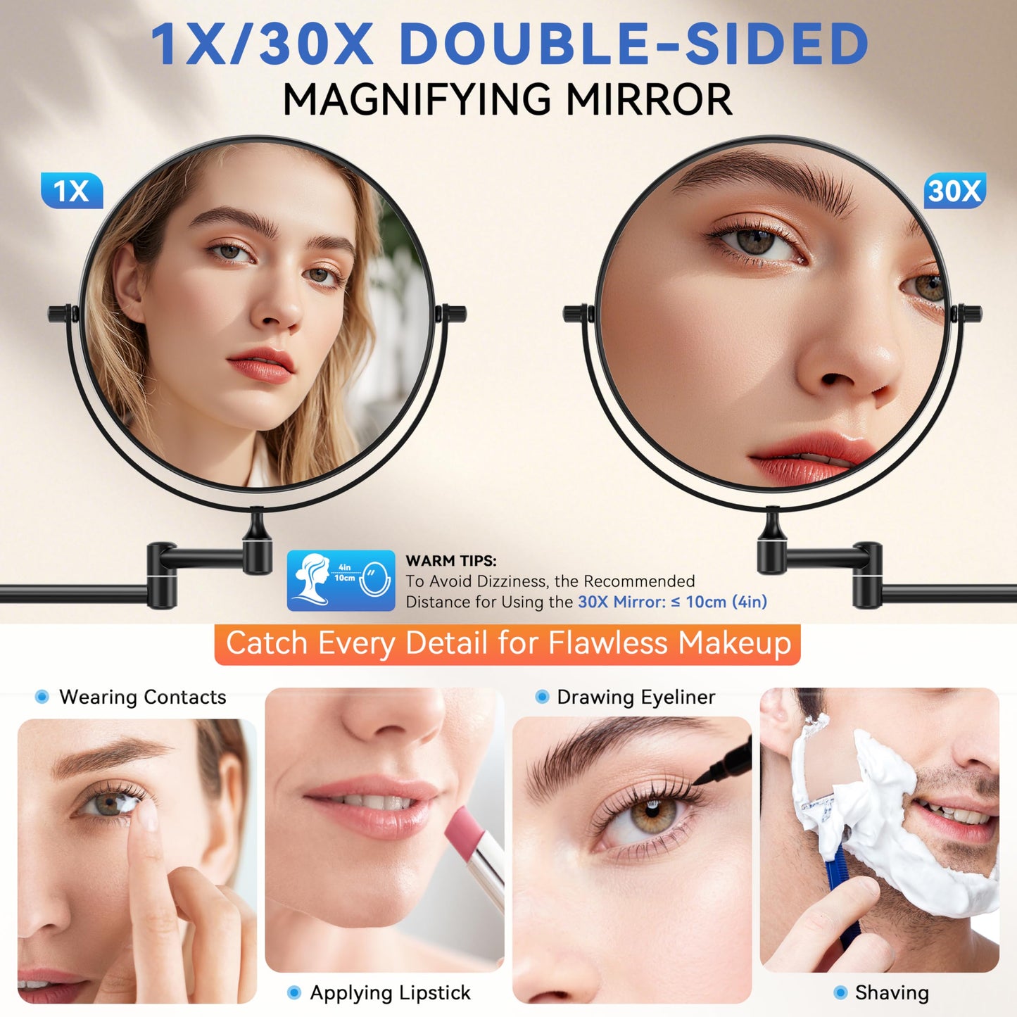 Auxmir 1X/30X Wall Mounted Makeup Mirror, Double Sided Magnifying Mirror with Tweezers, Bathroom Makeup Mirror, Cosmetic Vanity Mirror with 360 Rotation Extendable Swivel Arm, Black