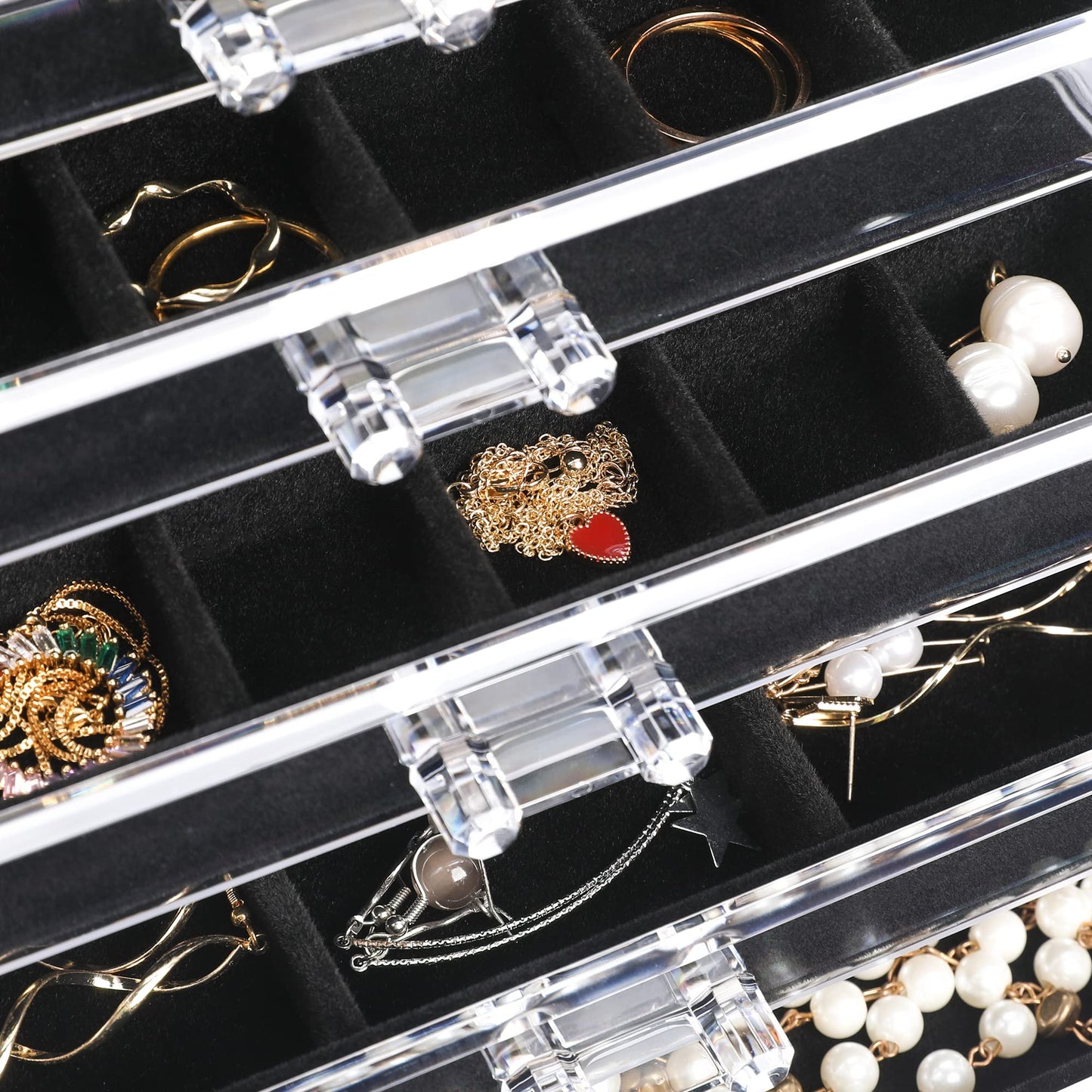 Frebeauty Acrylic Jewelry Organizer Earring Organizer Box with 5 Drawers Earring Holder Organizer with Velvet Trays Clear Jewelry Box for Women Earring Display for Rings Studs(Black)