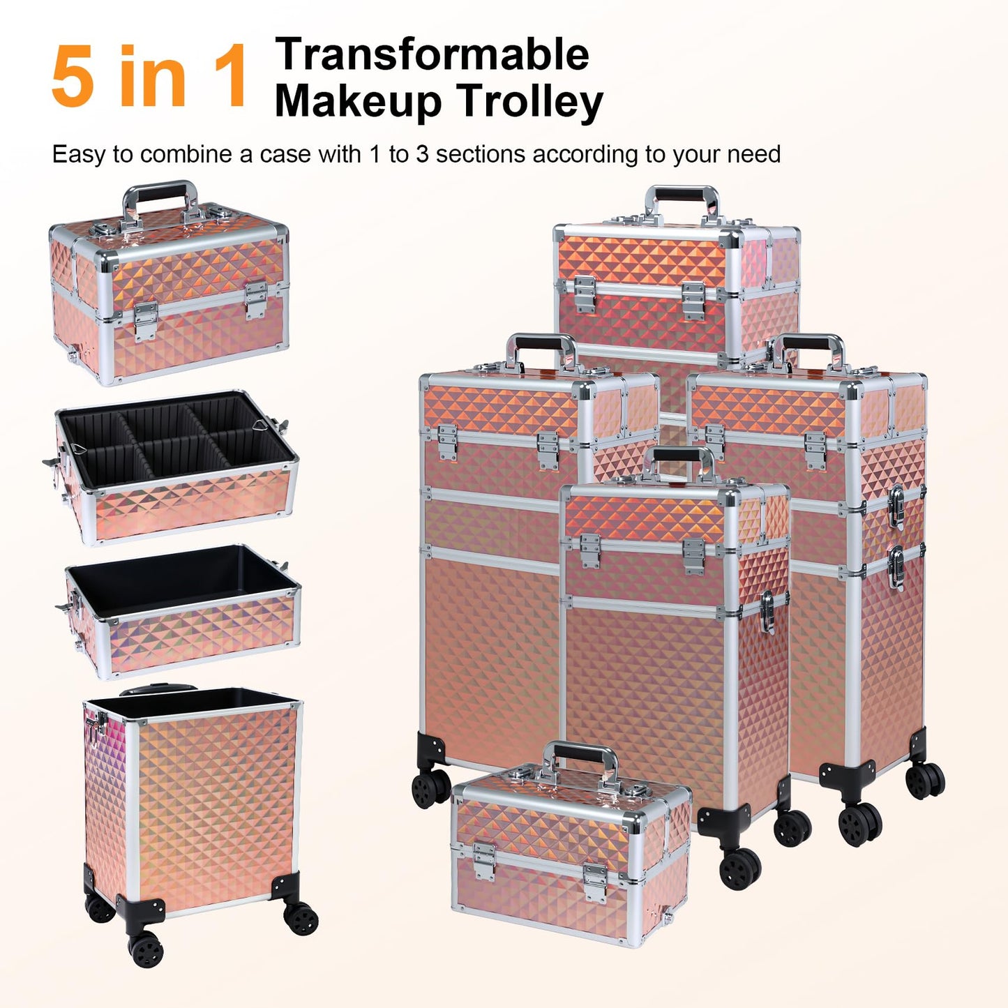 Professional Rolling Makeup Case, Cosmetology Case on Wheels 4 in 1 Large Cosmetic Train Case, Ideal Gift for Hairstylist, Nail Techs, Portable Beauty Organizer for Travel or Salon Use