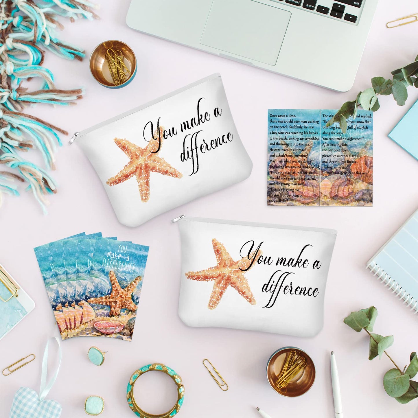 Sieral 20 Pcs Employee Appreciation Gifts Bulk for Volunteer Coworkers You Make a Difference Cosmetic Bags Pouch with Starfish Motivational Cards for Teacher Office Staff