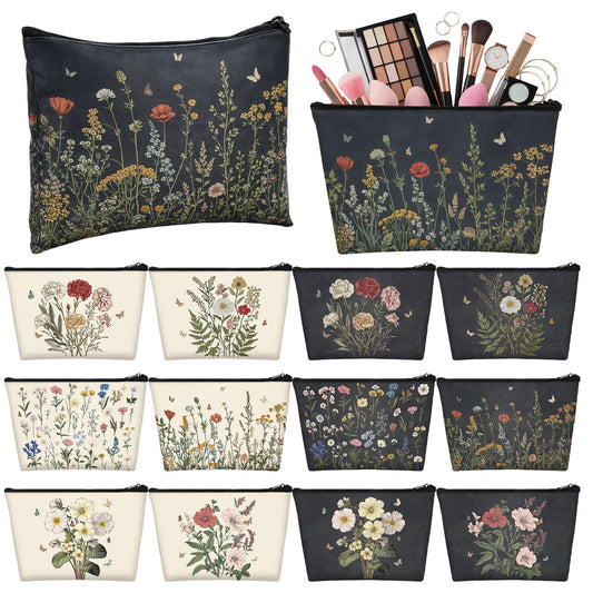 Sweetude 12 Pcs Black Flower Makeup Bags Bulk Portable Wildflower Travel Cosmetic Bags with Zipper Floral Waterproof Roomy Travel Beauty Toiletry Organizer Storage Pouch for Women Wedding Gifts