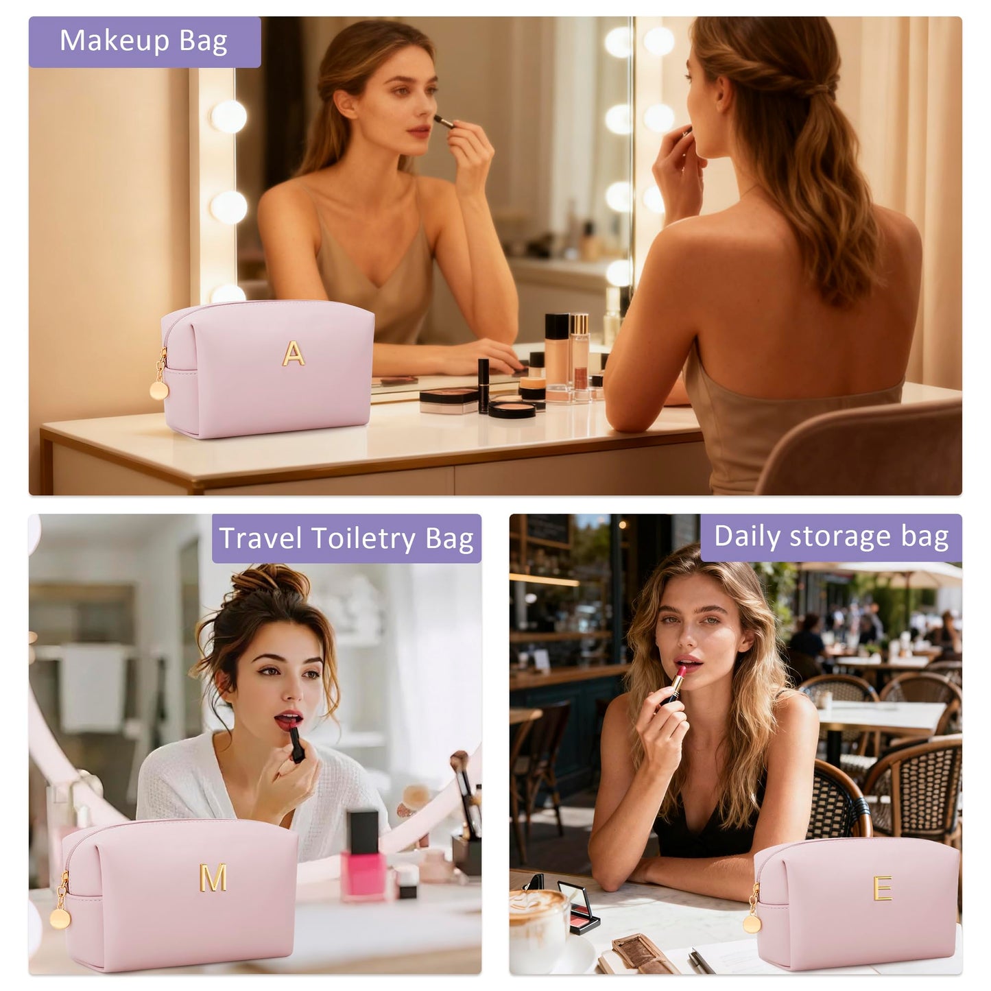 CLOUDWINGS Gifts for Women Bridesmaid Gifts Personalized Initial Makeup Bag PU Leather Cosmetic Waterproof Travel Toiletry Bag (Pink K)