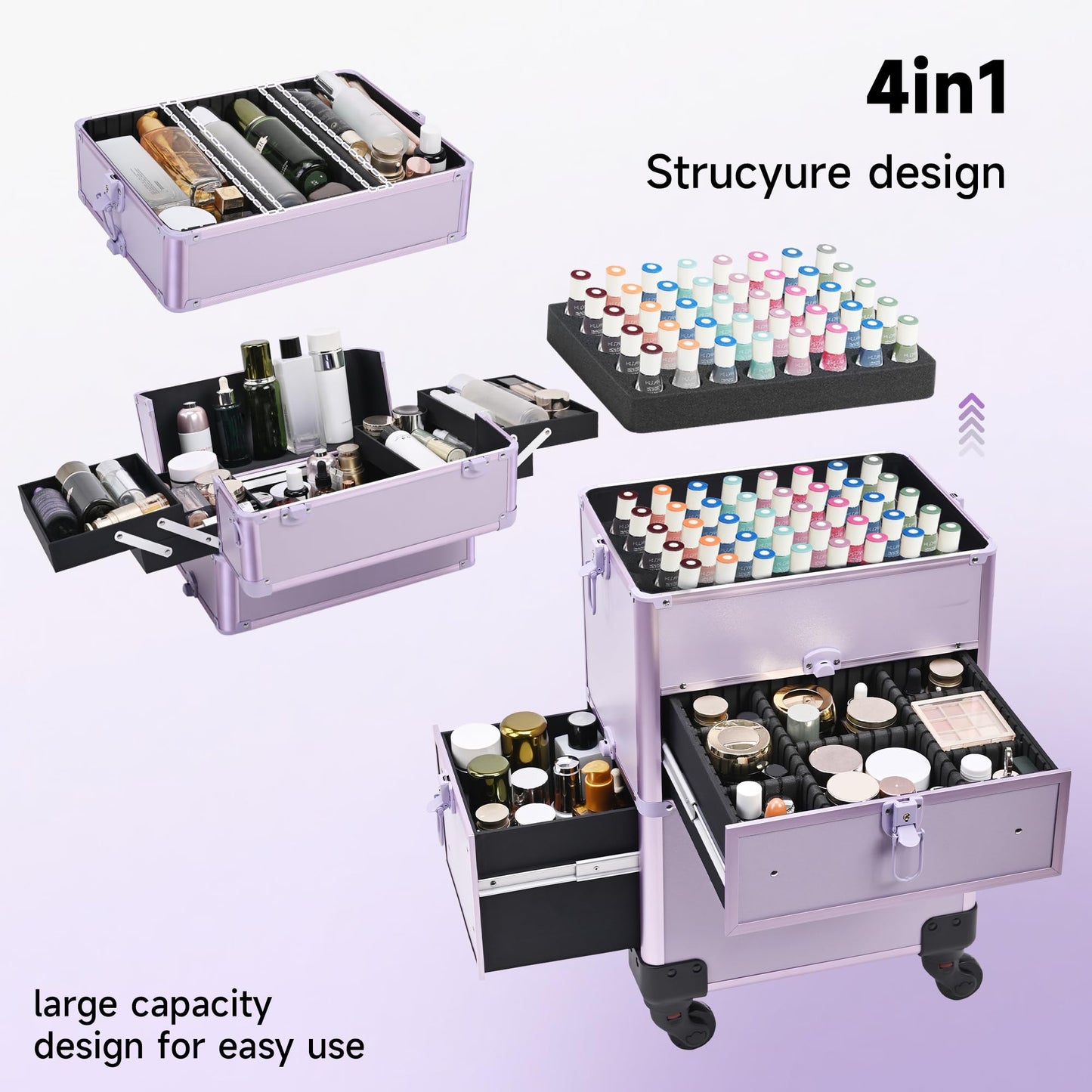 Somduy Rolling Makeup Case with Drawer, Makeup Train Case, 4 in 1Cosmetology Case on Wheels, Christmas Gift, Large Makeup Case Organizers, Profesional Cosmetic Case for Salon Barber, Purple