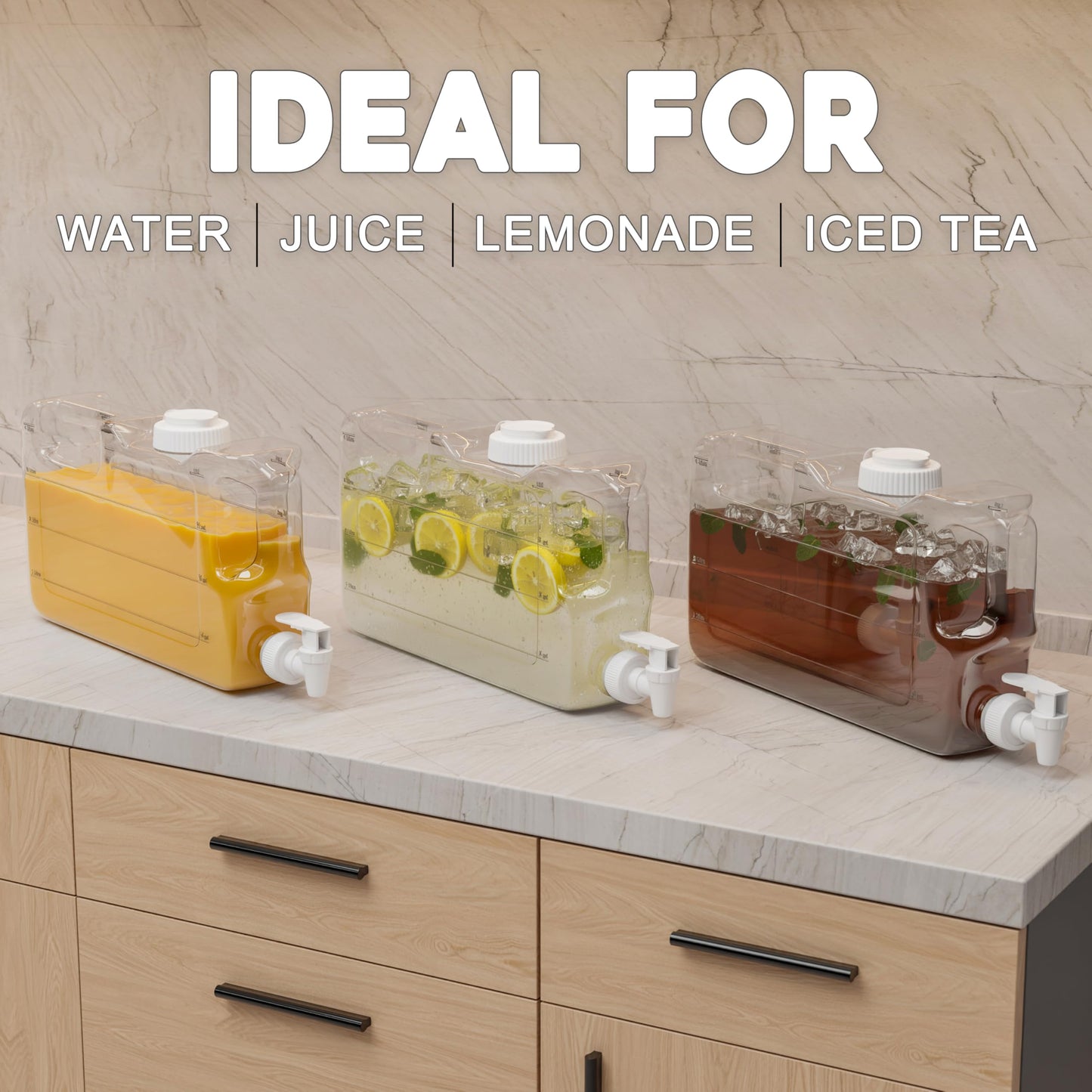 Refrigerator Water Dispenser 1.1 Gallon Bottle with 2 Spigots - BPA Free Plastic Slim Water Jug with Spout Leak Proof | Refillable Fridge Water Container, Convenient Handles (Clear)