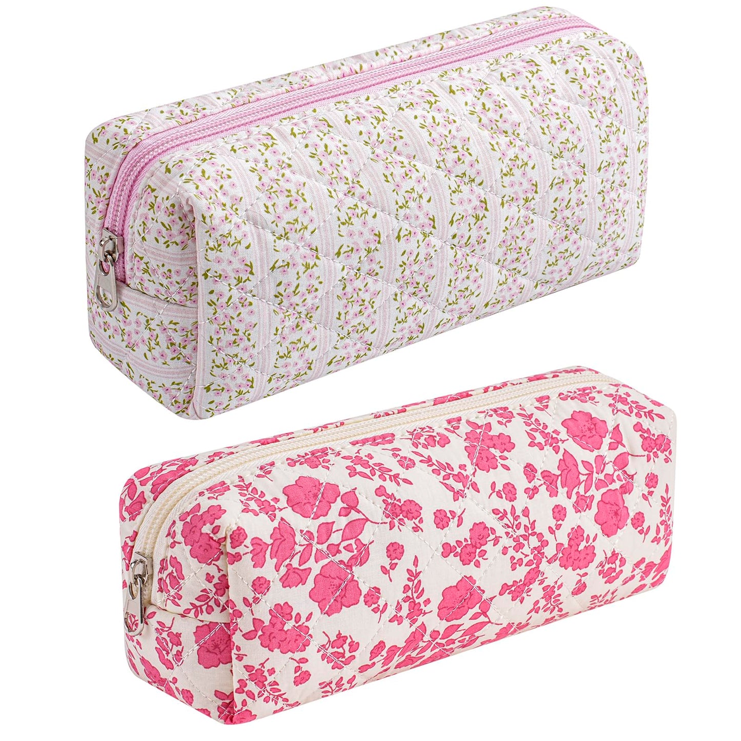 HHQQWZ Cute Floral Cotton Makeup Brush Cosmetic Bag for Women, Travel Quilted Zipper Make Up Bag, Flowers Toiletry Organizer Case Kawaii Makeup Cosmetic Travel Cloth Pouch (Pink+Big Red Floral)