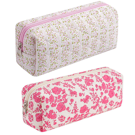 HHQQWZ Cute Floral Cotton Makeup Brush Cosmetic Bag for Women, Travel Quilted Zipper Make Up Bag, Flowers Toiletry Organizer Case Kawaii Makeup Cosmetic Travel Cloth Pouch (Pink+Big Red Floral)