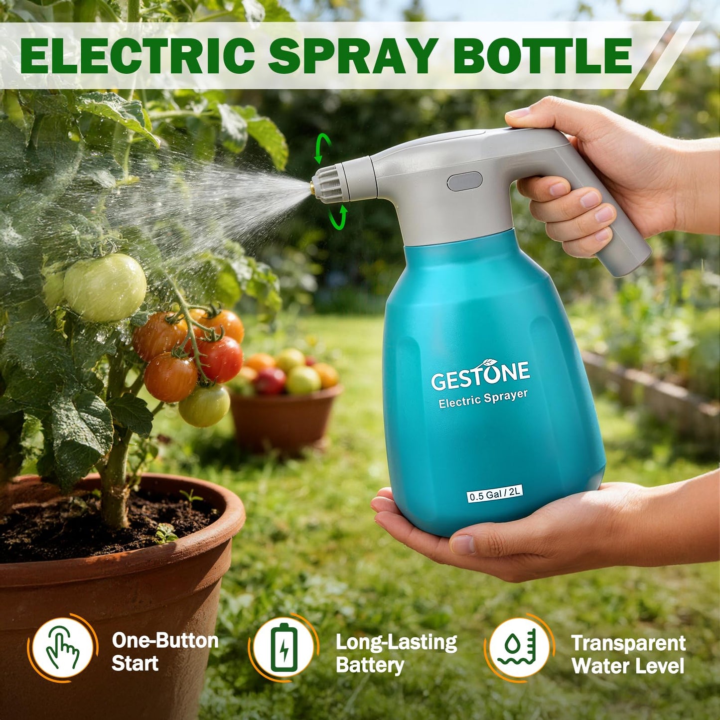 GESTONE Electric Spray Bottle 2L/0.5 Gallon Plant Mister, Automatic Watering Can Rechargeable Battery Powered Garden Sprayer with Adjustable Nozzle for Plants Fertilizing,Weeding and Cleaning