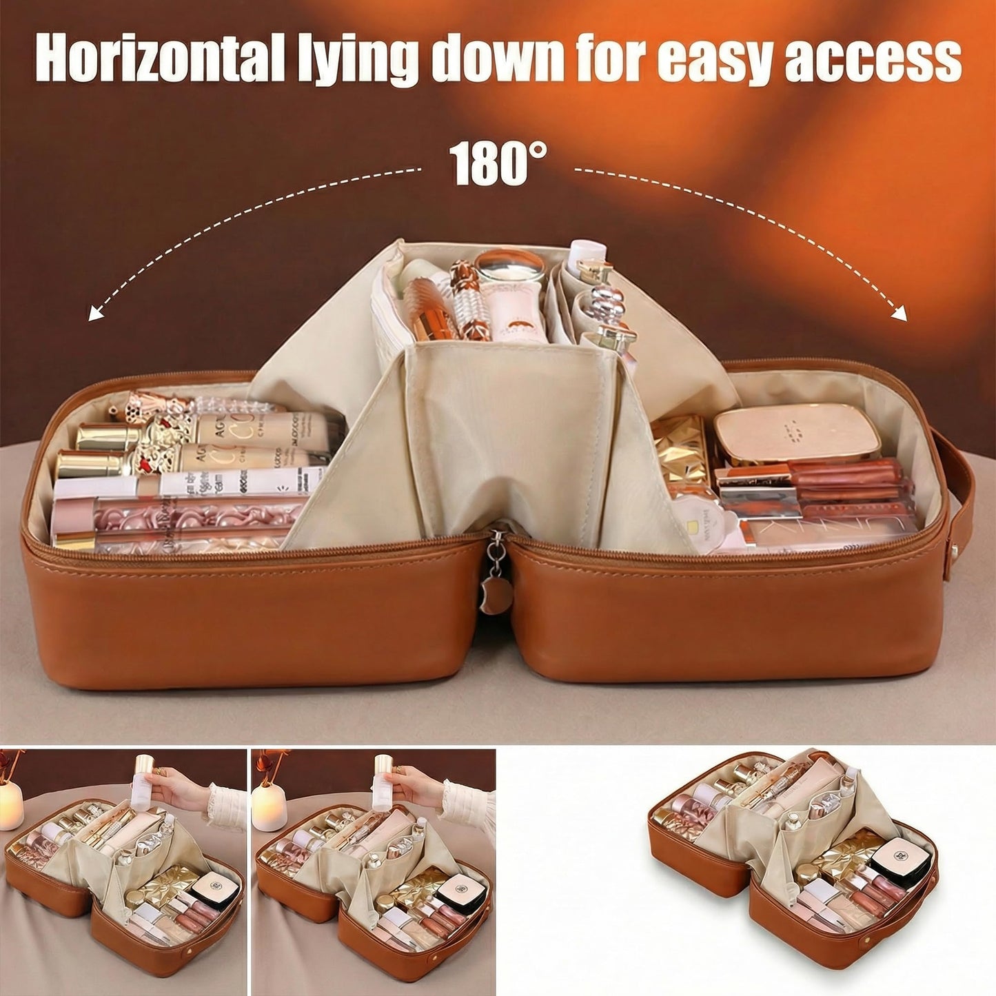 AUCCNT Travel Makeup Bag, Large Capacity Cosmetic Bags for Women, Waterproof Portable Pouch Open Flat Toiletry Bag Make up Bag (Brown)