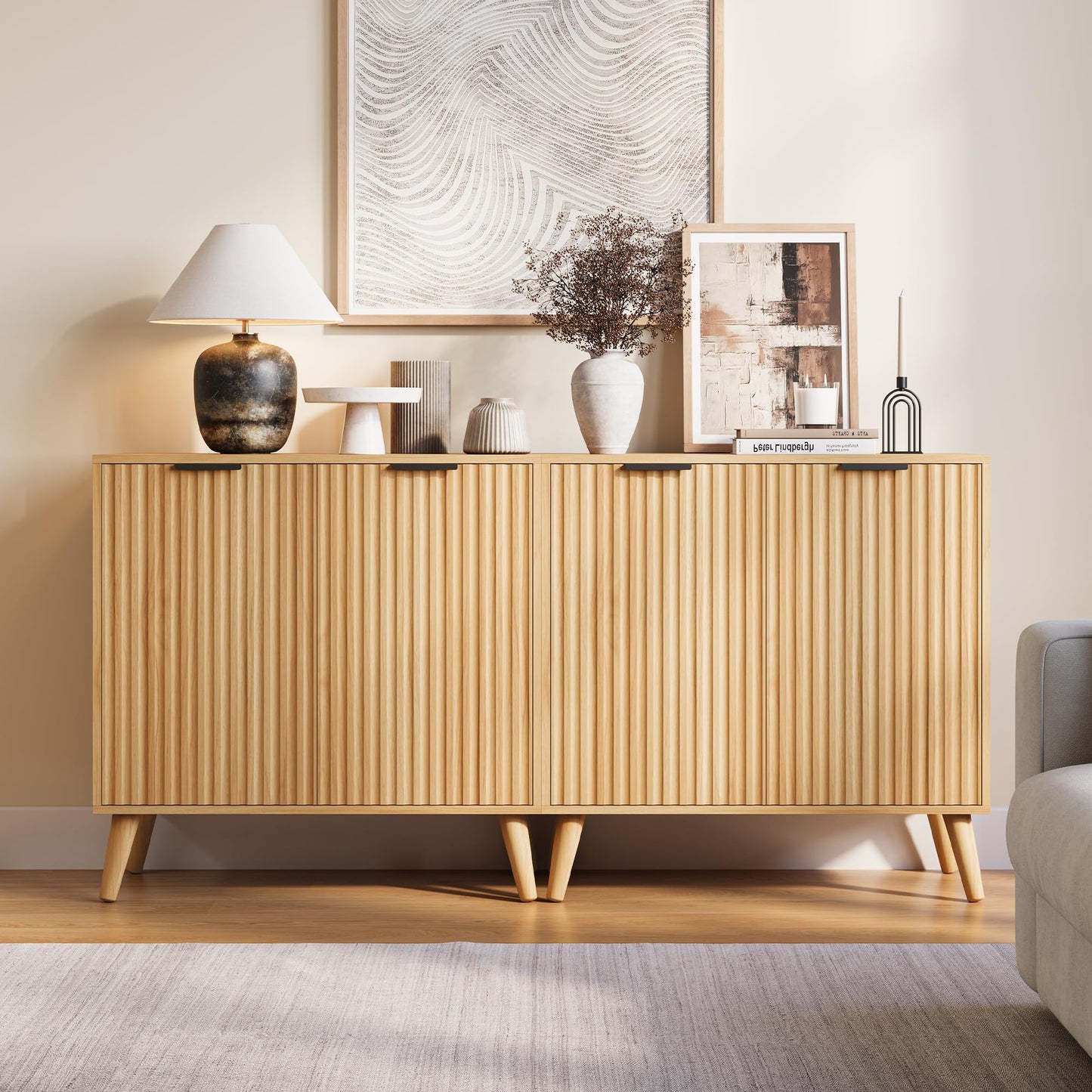 EPLICEMR Fluted Sideboard Buffet Cabinet with Storage, 2 Doors Modern Sideboard Cabinet for Living Room, Wood Coffee Bar Cabinets with Adjustable Shelves Accent Credenza for Kitchen, Entryway, Natural