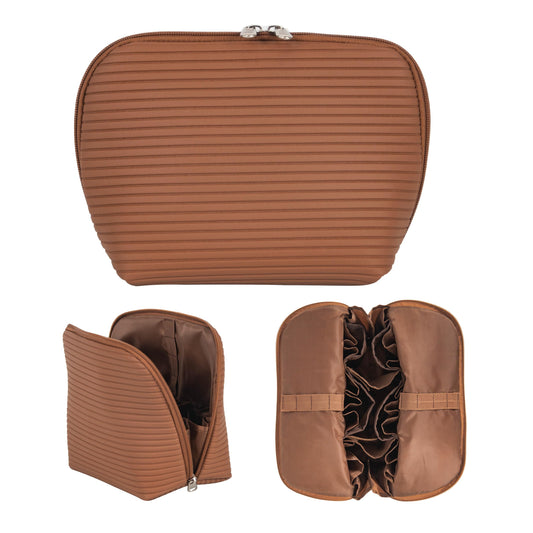 Tense Edano Travel Makeup Bag for Women, Waterproof Stand Up Cosmetic Bag with Brush Holders, Organizer Bag with Compartments, Fold-Down Design for Skincare, Toiletries & Essentials (Brown, Medium)