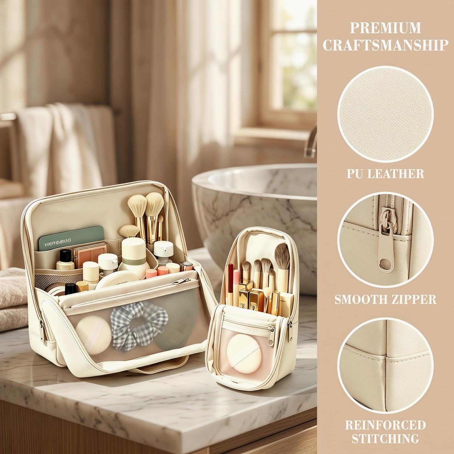 Wnnideo Makeup Bag and Makeup Brush Case Set,Large Capacity Cosmetic Bags for Women,Portable Toiletry Bag Free-Standing Brush Holder for Easy Access (Cosmetic Bag + Brush Holder) (Creamy)