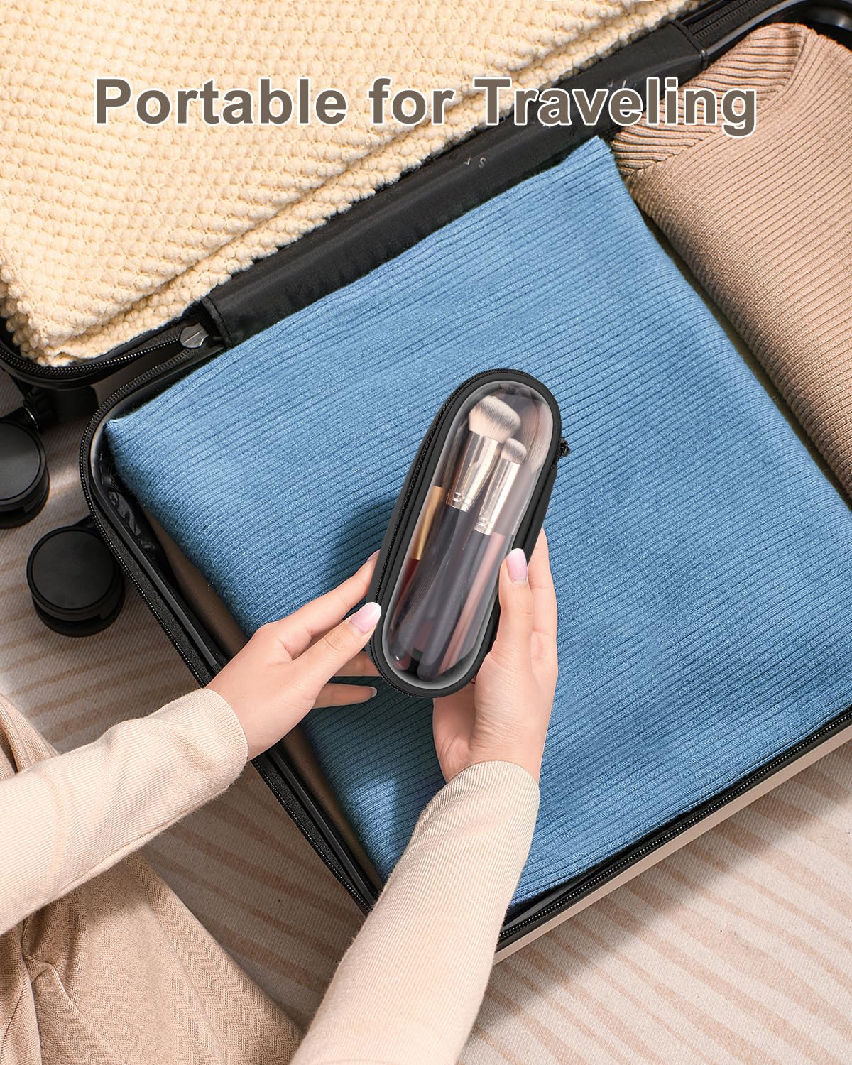 Soimeat Clear Travel Makeup Brush Holder, Leather Makeup Brush Toiletry Bag, Portable Cosmetic Brush Case, Transparent Waterproof Makeup Brush Storage Bag, Black, Large