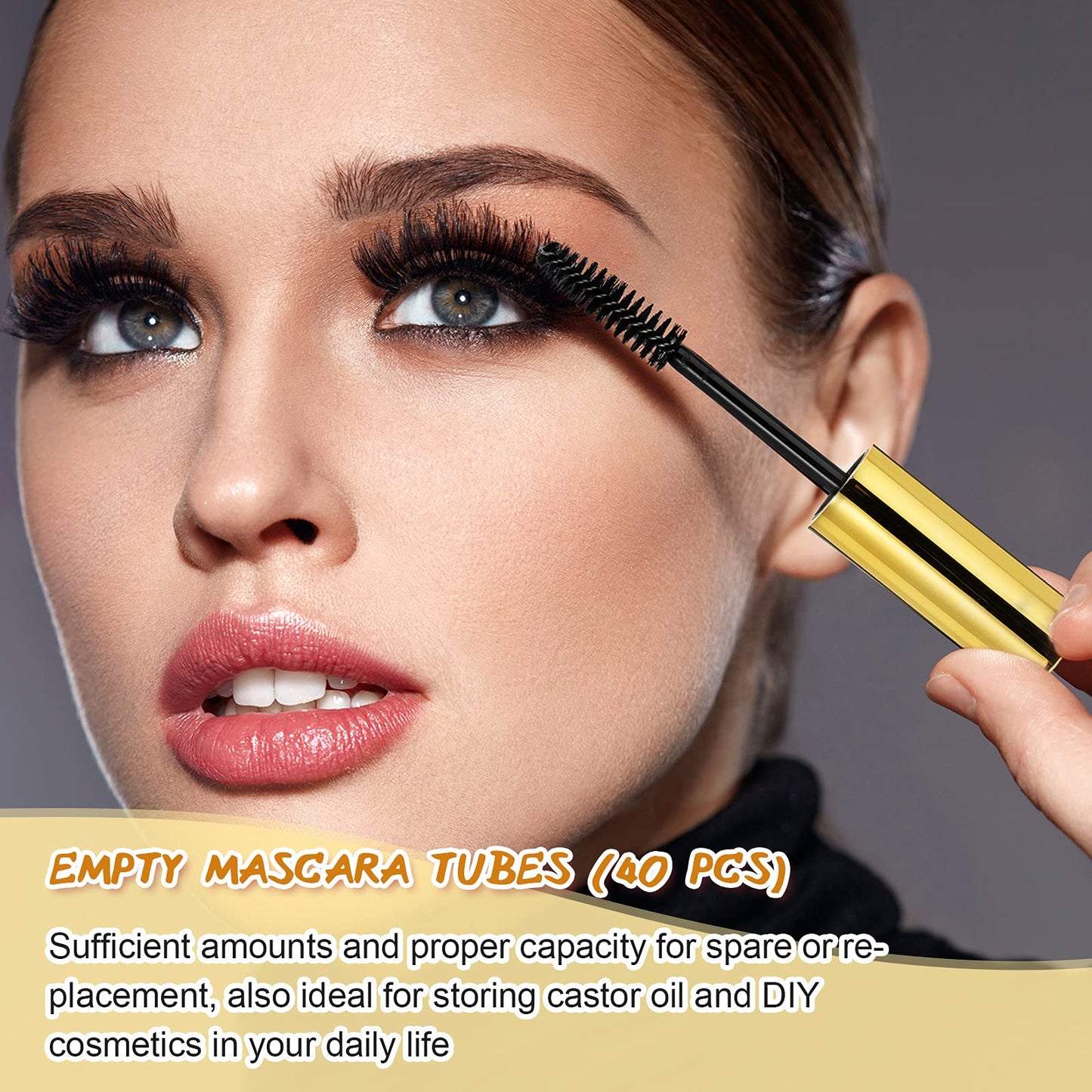 Maitys 40 Pieces 10 ml Empty Mascara Tubes Eyelash Wand Refillable Clear Bottles Eyelash Cream Container Bottle with 4 Pieces Transparent Funnels Transferring Castor Oil for DIY Cosmetics (Golden)