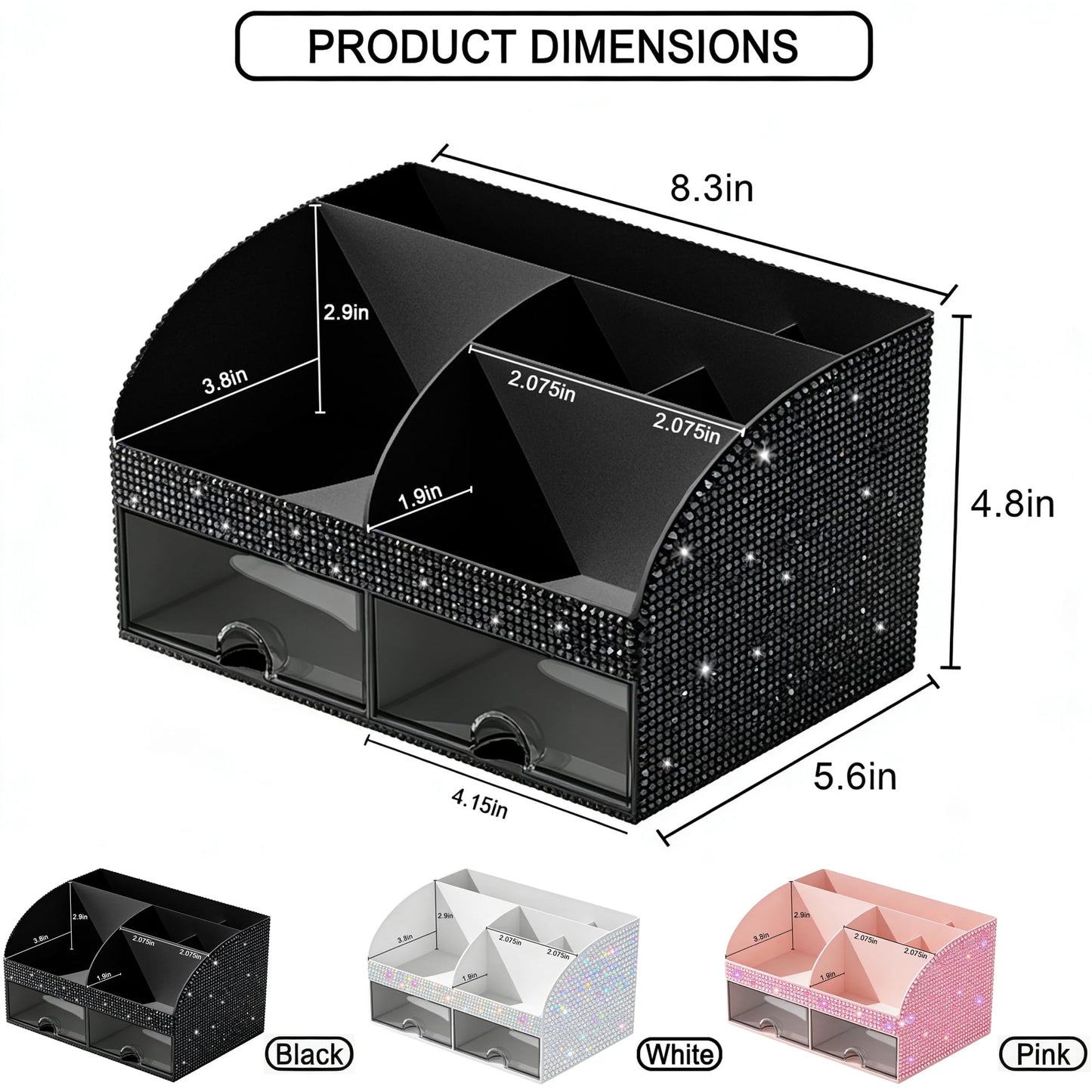 Bling Makeup Organizer with Drawers, Cosmetic Storage for Dresser Vanity and Bathroom Countertop, Beauty Holder for Lipstick Brush, Skincare Organizer for Vanity, Cosmetic Display Case Bling Black