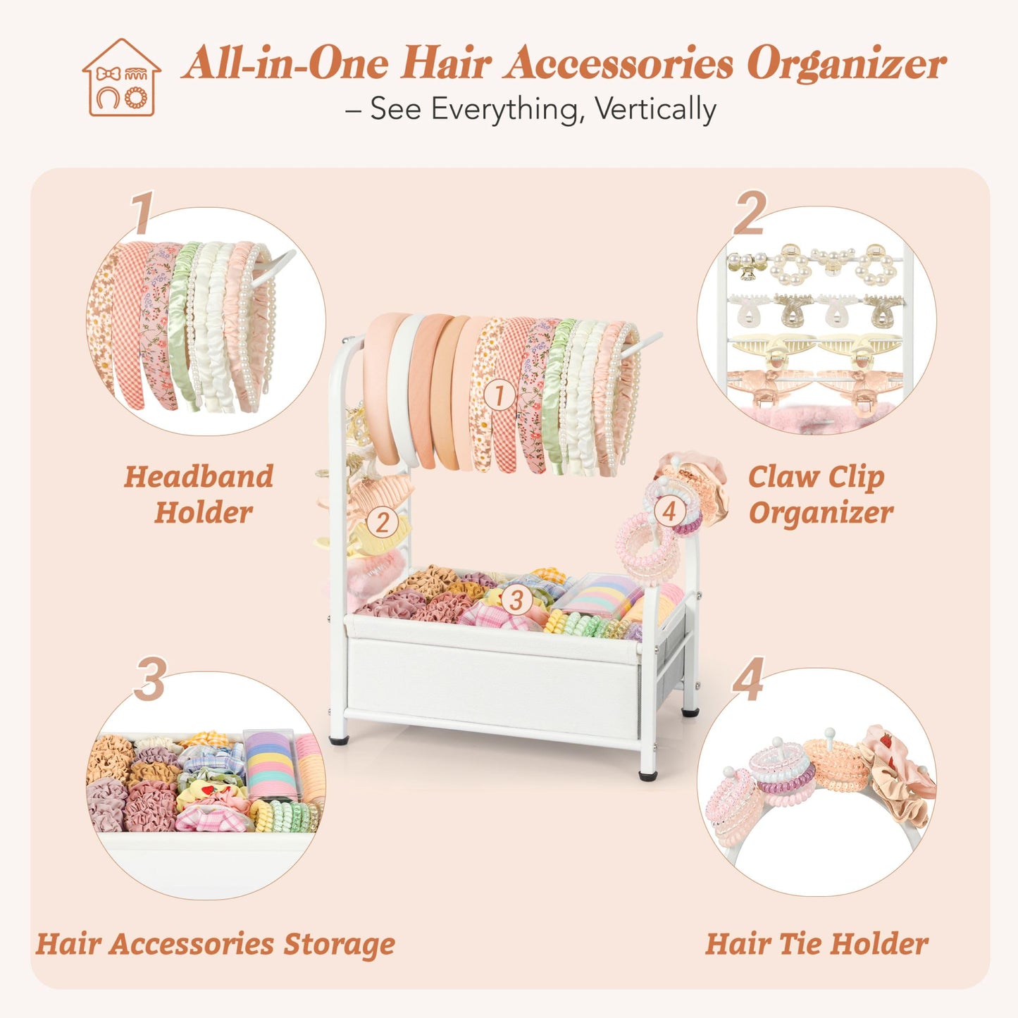Keebofly Headband Holder Stand, Versatile Hair Accessories Organizer for Scrunchies, Hair Ties, Bows & Claw Clips - Large Compact Hair Accessories Storage for Girls, Women, Babies
