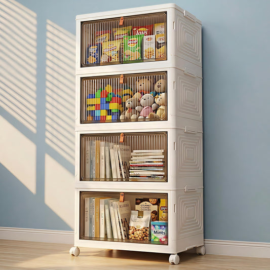 LDQ 136Qt Large Storage Bins with Lids, 4 Tier Stackable Storage Cabinet with Wheels & Clear Doors, Foldable Plastic Closet Organizer for Bedroom, Bathroom & Kitchen