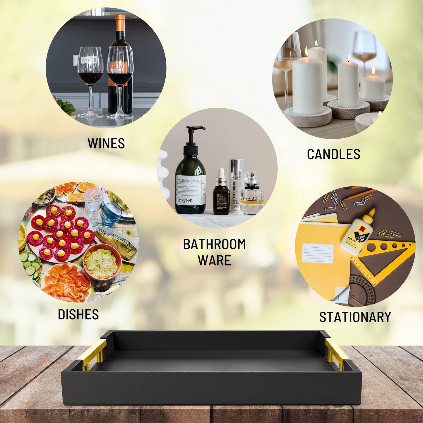 ATZYmolin Leather Serving Tray with Gold Polished Metal Handles, Home Decorative Wooden Rectangle Ottoman Decor Platter Bathroom Vanity Tray for All Occasions Black