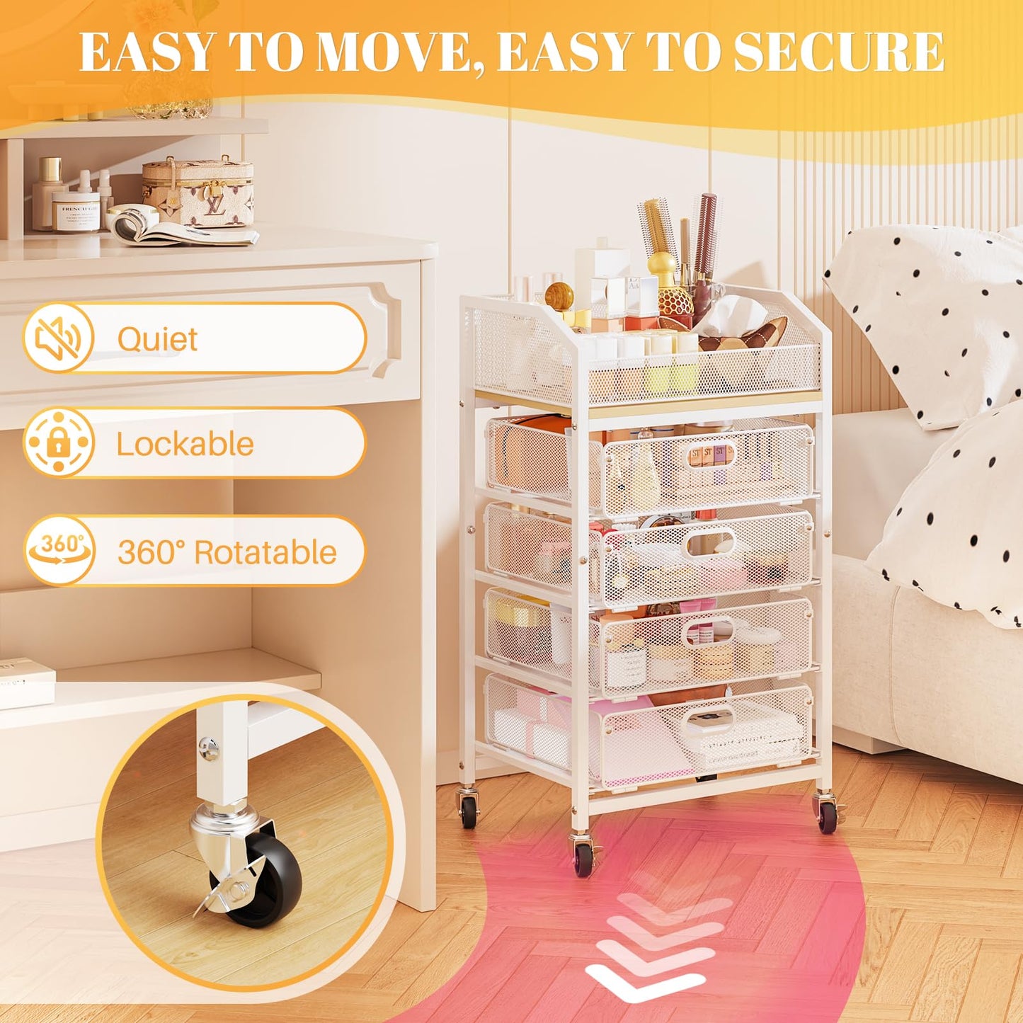 SUNALLY Makeup Organizer Cart with 4 Drawers, Rolling Makeup Storage Cart Metal Skincare Organizers, Large Vanity Storage Organizer Cosmetics Display Cases for Skin Care Perfume Nail Polish, White