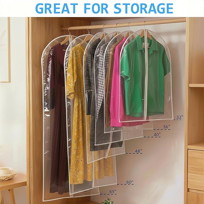 All Clear Garment Bags for Travel - 48” PEVA Waterproof Suit Cover with Zipper for Hanging Clothes, long dress - Durable Dresser for Closet Storage, Dustproof & Moisture Resistant - 48”/2 Pack