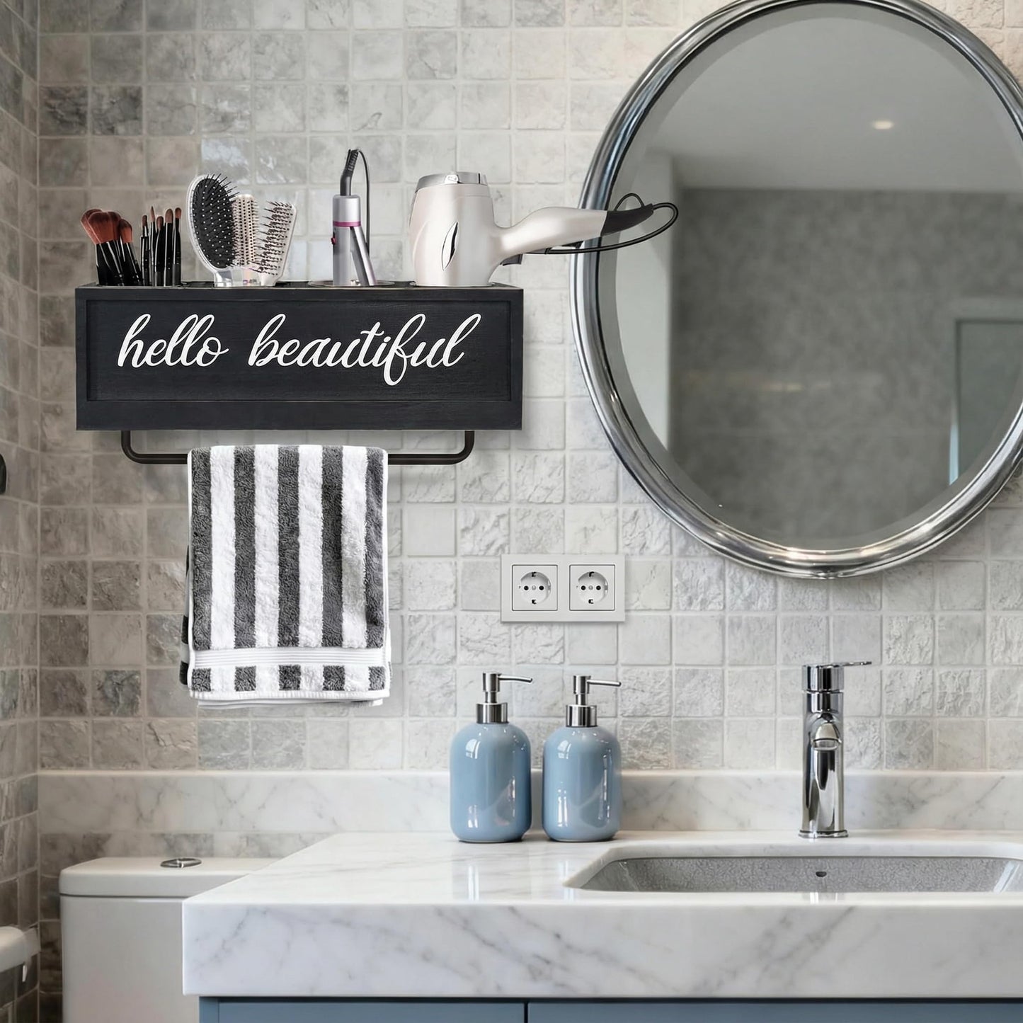 CusUnik Hair Dryer Holder Wall Mounted, Hair Tools and Styling Organizer with Towel Bar, Farmhouse Beauty Hair Appliance Holder for Flat Iron, Curling Wand, Towel Rack (Black)