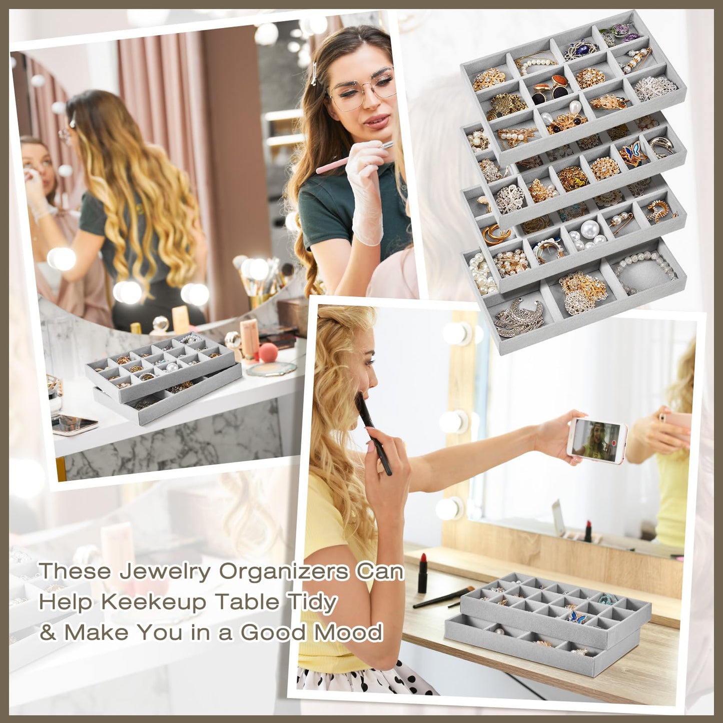 Junkin 12 Pcs Jewelry Tray Velvet Stackable Jewelry Organizer Trays Divided Earring Accessories Storage Containers Box(Gray)