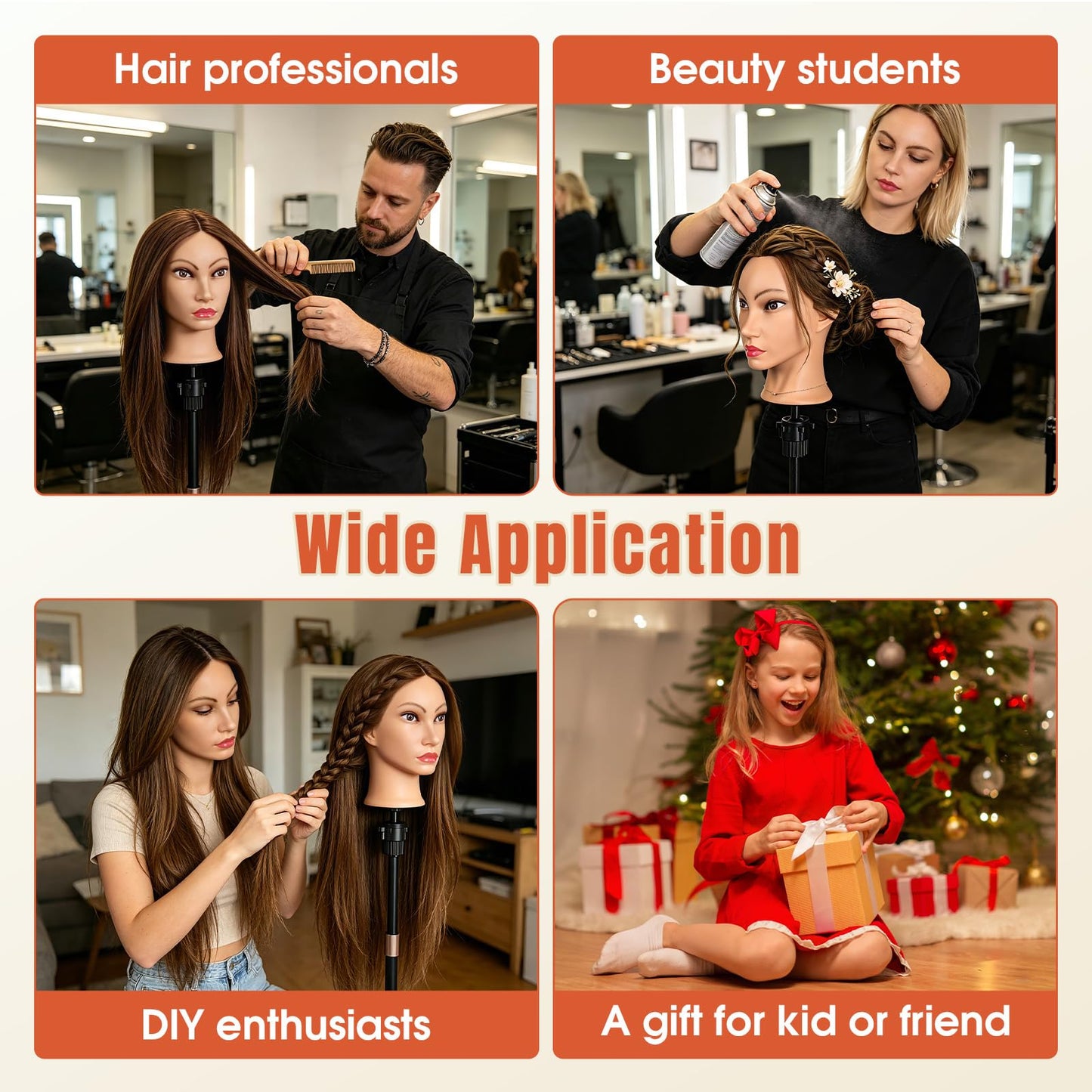 26''Real Hair Mannequin Head,TopDirect 100% Amber Brown Hairdresser Cosmetology Mannequin Doll Head Styling,Manikin Heads Hairs Braiding DIY Styling with Clamp Holder and Tools Set