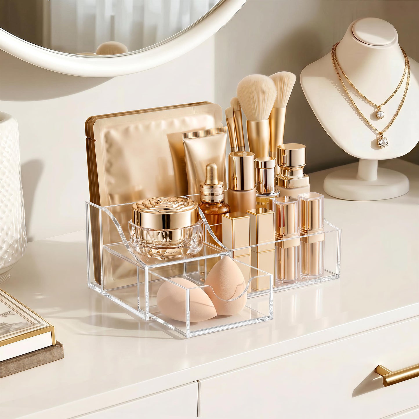 HBlife Makeup Organizer with Drawer – Cosmetic Storage for Vanity, Bathroom Countertop & Dresser, Skincare Organizer with Brush Holder, Beauty Display Case, Clear