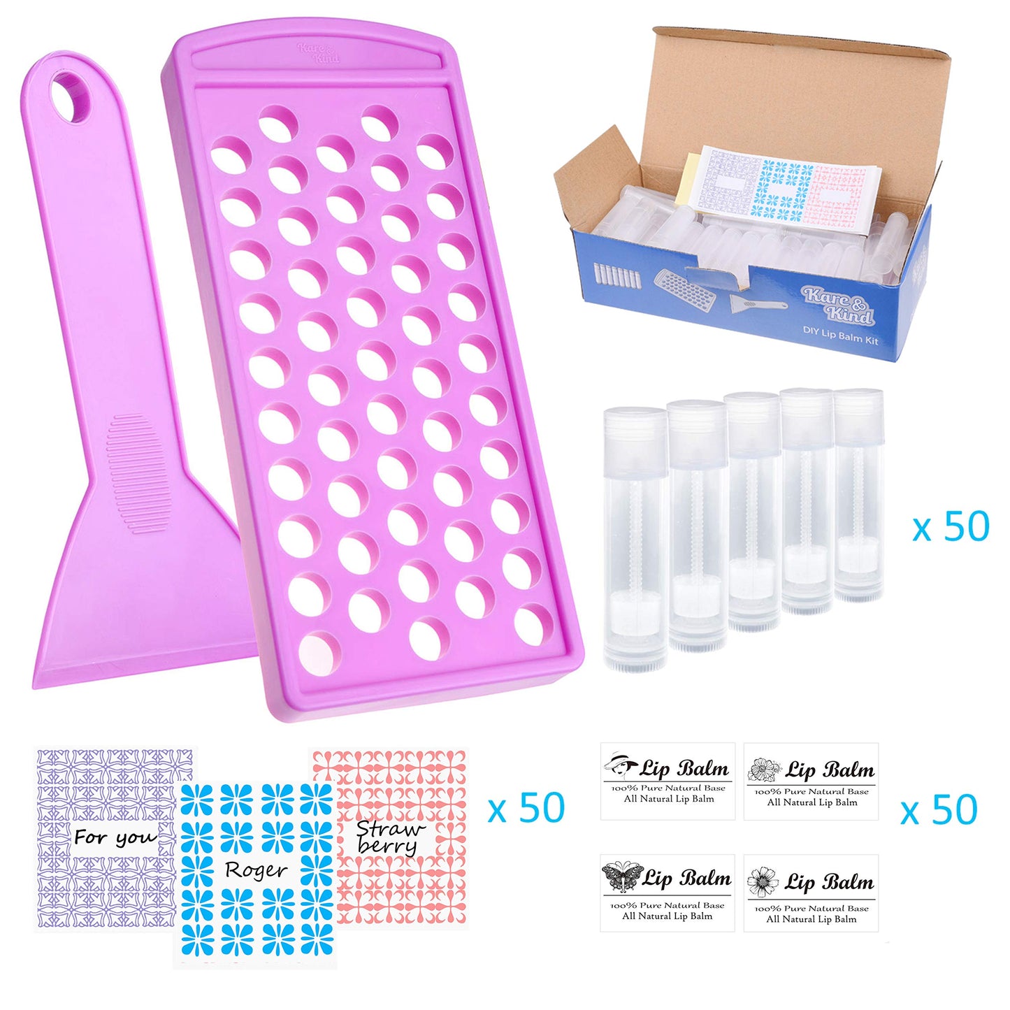 Lip Balm Filling Tray and Spatula - BPA Free - 50 Empty Lip Balm Tubes with Caps (Clear) - 3/16 Oz (5.5 ml) - 50 Writeable and 50 Printed Stickers - Make Natural Lip Balm - DIY