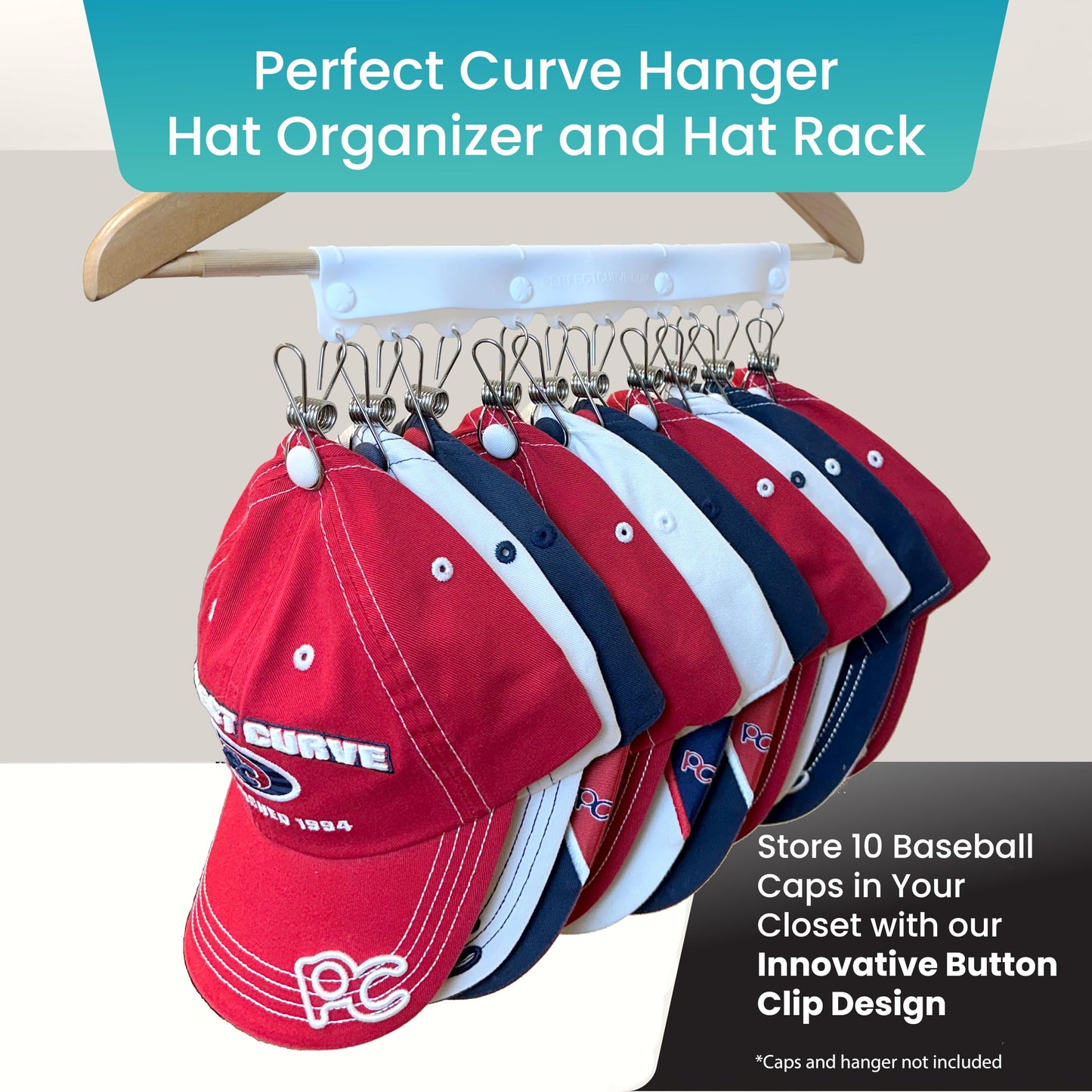 Perfect Curve Baseball Cap Hanger - Store 10 Caps with Button Clips, Silicone & Metal Construction, White, 1-Pack