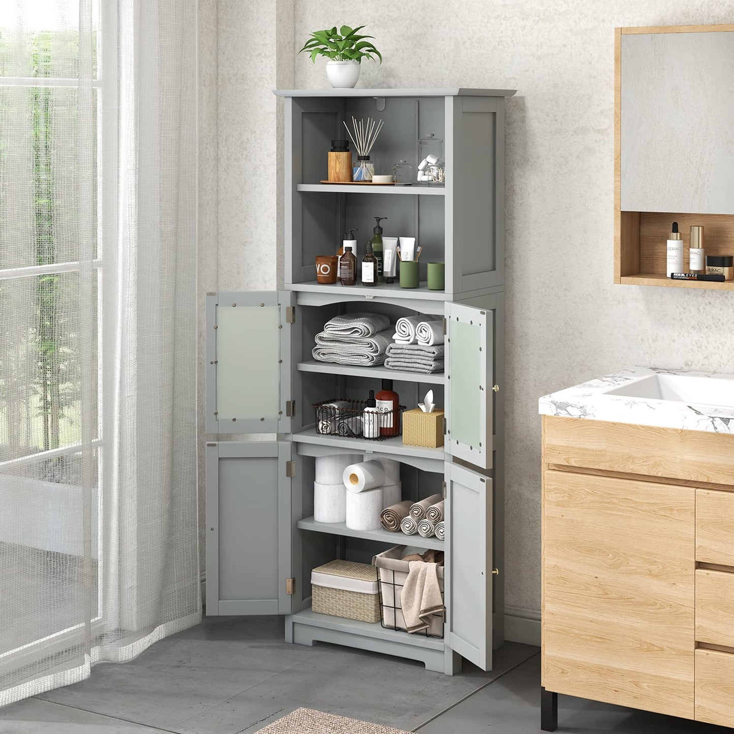 Tangkula Tall Bathroom Storage Cabinet, Freestanding Floor Cabinet w/2 Glass Doors & 2 Open Shelves, 3-Position Adjustable Shelves, Anti-toppling Design, 64” Tall Pantry Cupboard for Kitchen