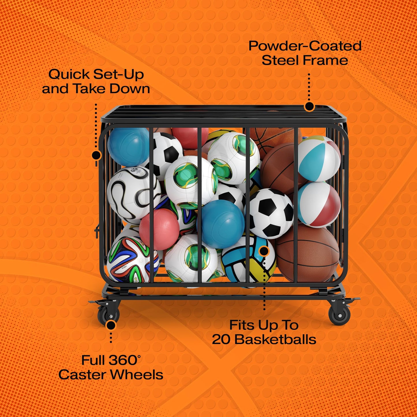 Houseables Sports Ball Storage & Display Solutions – Basketball, Football, Soccer & Volleyball Organizer, Ball Holder, Display Stand, Rolling Storage Cart for Home, Gym & School