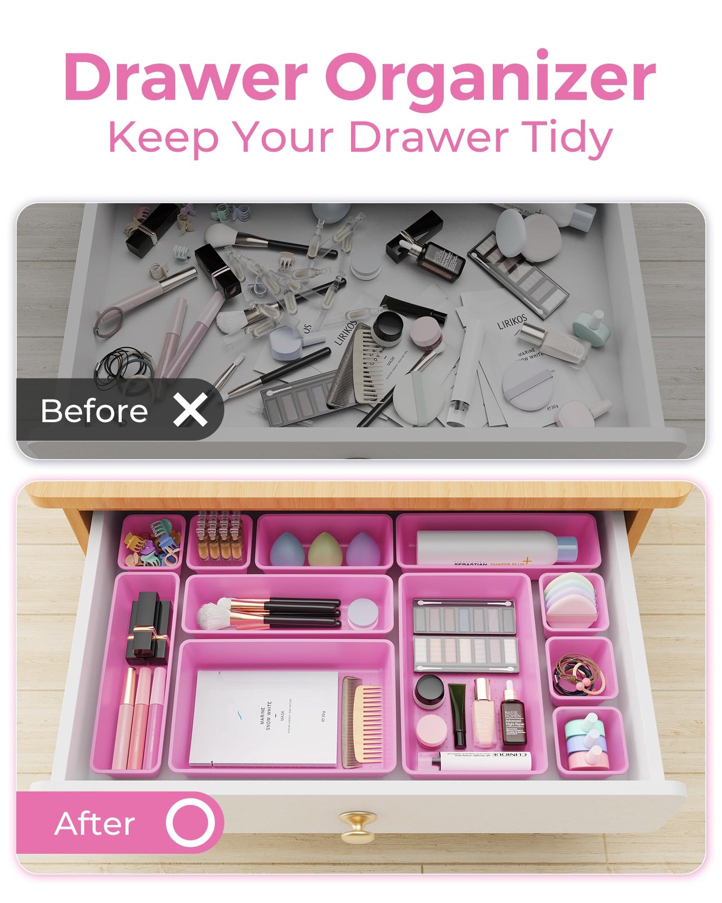 BiuLeon 25 PCS Plastic Drawer Organizers Set, 4-Sizes Vanity and Makeup Organizer, Desk and bathroom Drawer Organizer Trays, Organizers and Storage for Makeup, Jewelry, Gadgets, Utensils(Light Purple)