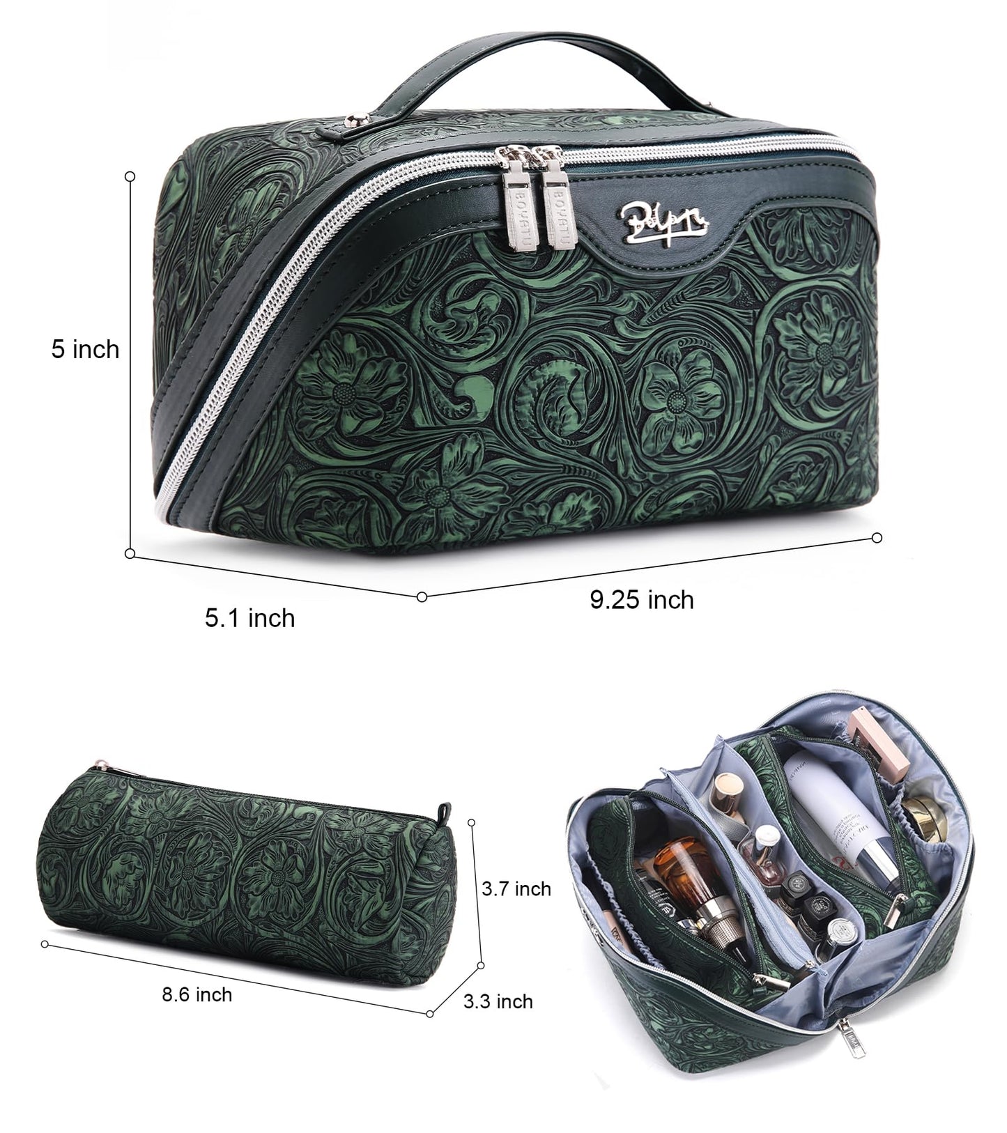 BOYATU Travel Makeup Bags Cosmetic Organizer Bag: 3 Pcs Set Large Capacity Floral Make up Bag with Compartments - Waterproof Leather Toiletry Bags with Handle for Women (18-Green)