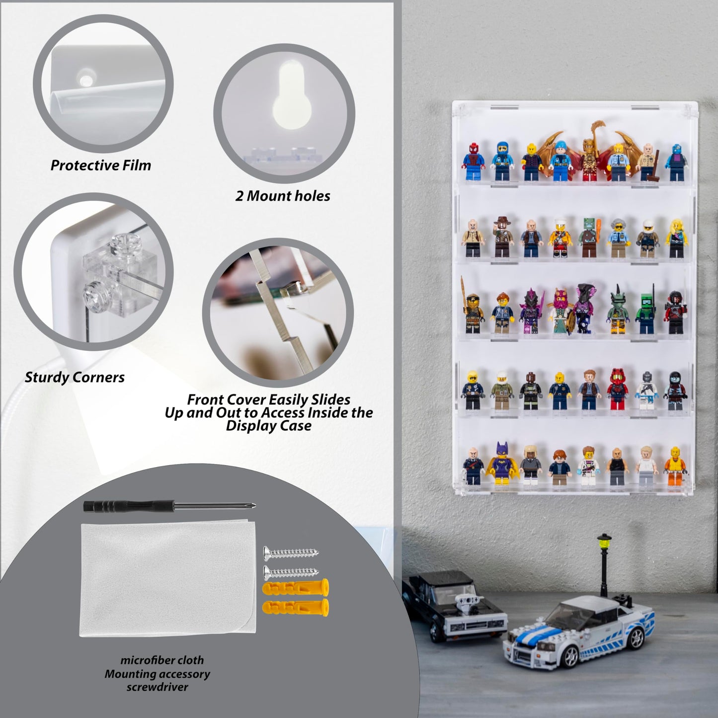 Homelodge Acrylic Minifigure Display Case - Wall Mount Mini Figure Storage Shelves with White Background - Holds 40 Tall Minifigs - Clear Shelf Box for Large Minifigures - Stands & Extra Accessories