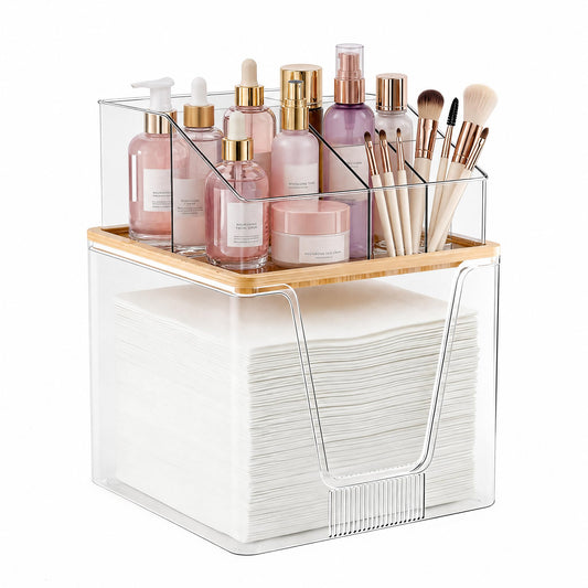Disposable Facial Towel Holder Compatible with Clean Skin Club Face Towels XL, 2 Tier Clear Cosmetic Storage Box with Bamboo Lid, Skincare Organizers for Vanity Bathroom Countertop, 1 Pack