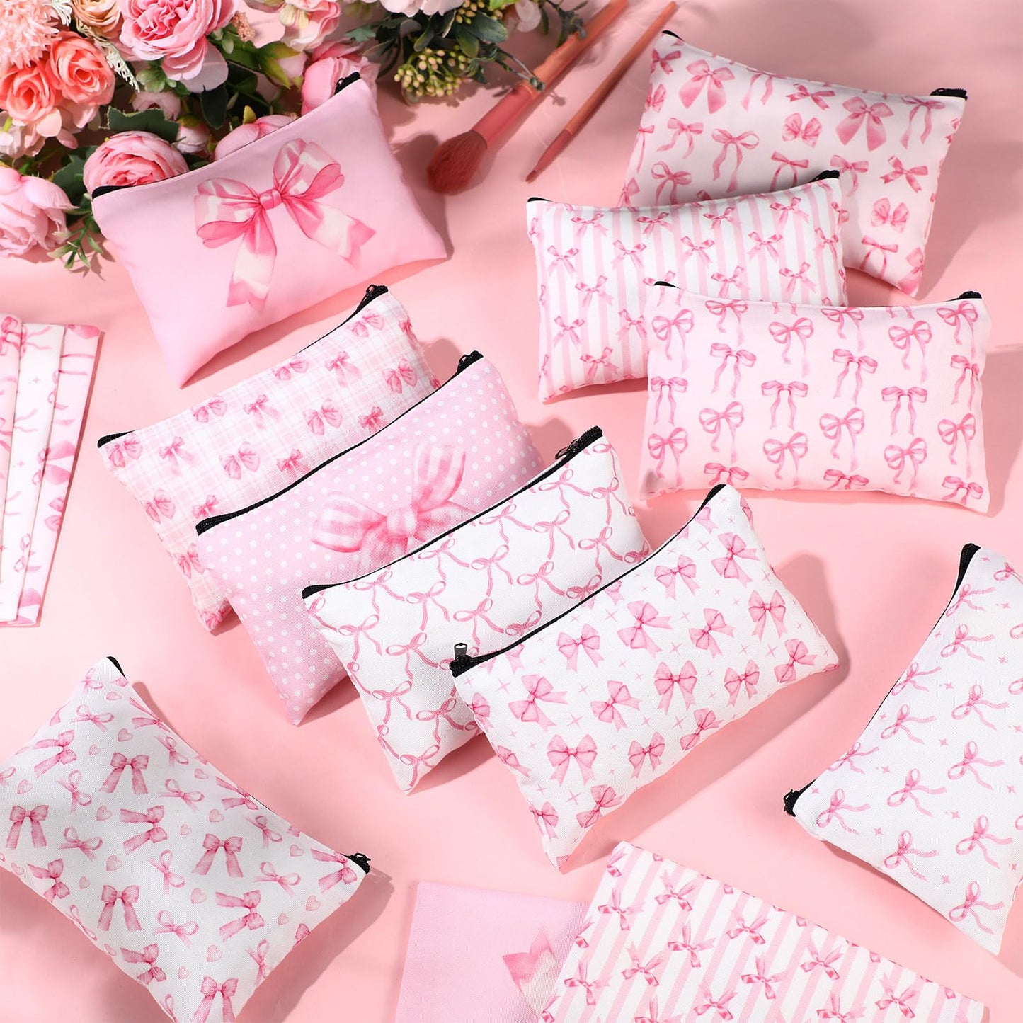 Reginary 20 Pcs Makeup Bags Gifts for Women Canvas Cosmetic Bags with Zipper Bulk Gift for Women Travel Purse Organizer Pouch Accessory, Toiletry Large Capacity, 7 x 4.3 Inch(Pink Bow)