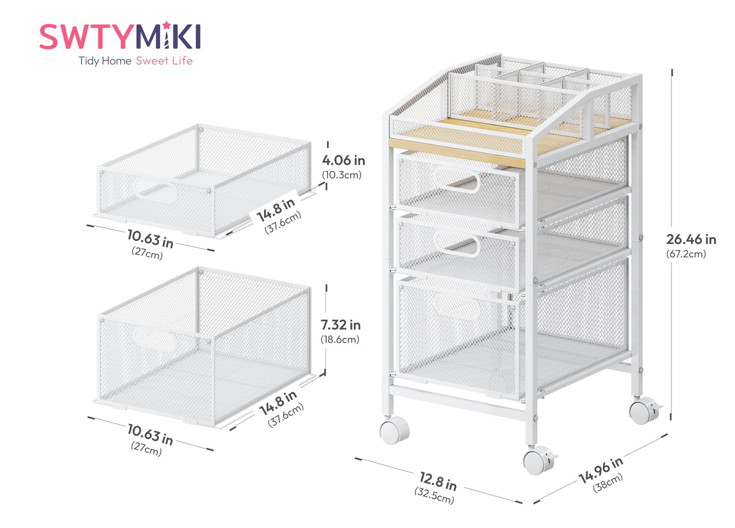 SWTYMIKI Rolling Utility Cart with Drawers - Under Desk Storage Cart with DIY Divider & Lockable Wheels, Multi-Functional Craft Art Supply Organizer for Office, Vanity, Craft Room & Studio White