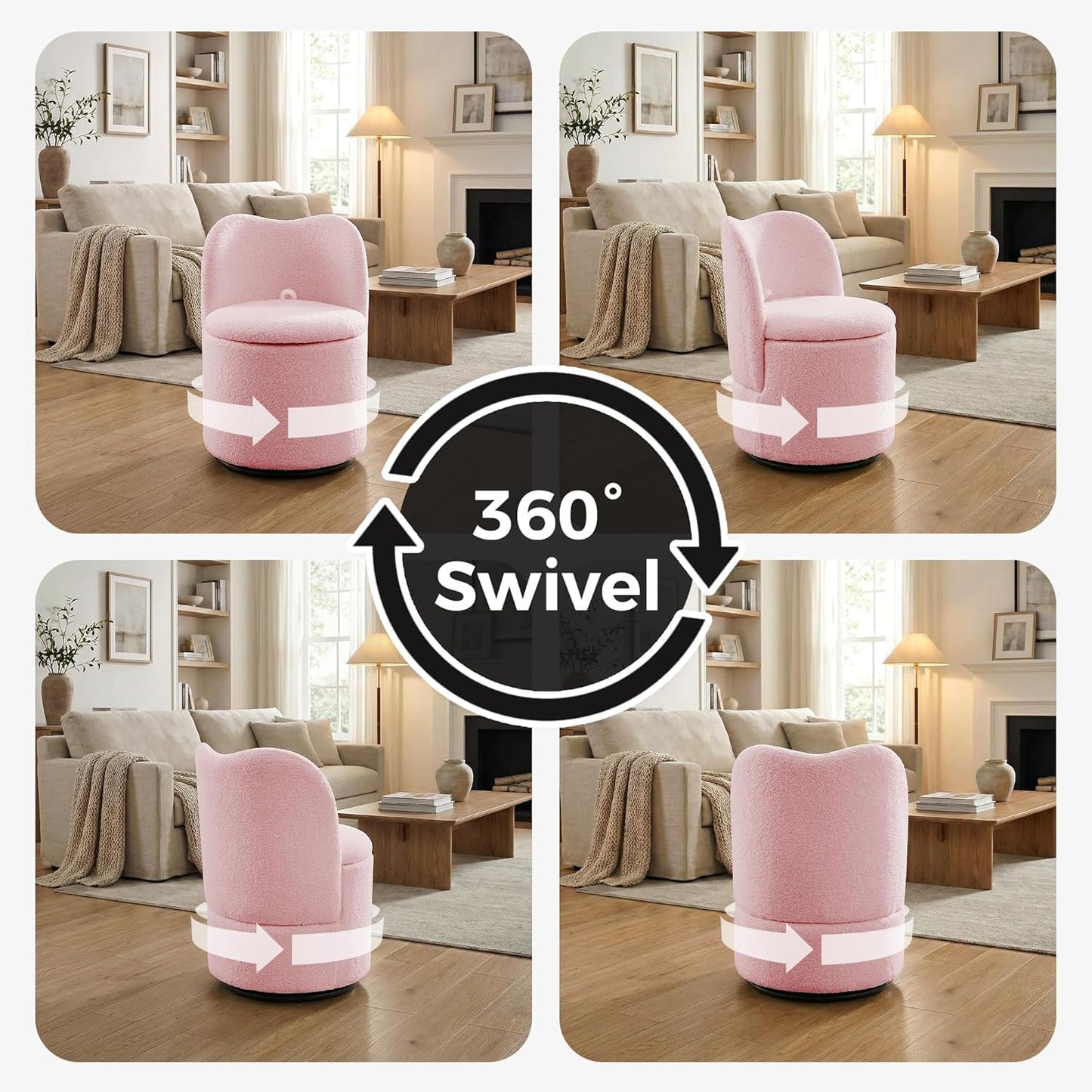 MilleLoom 360°Swivel Vanity Chair Dining Chairs with Storage,Upholstered Makeup Stool with Back, Sherpa Dining Chair, Swivel Accent Chair Barrel Armchair for Living Room Bedroom,Pink