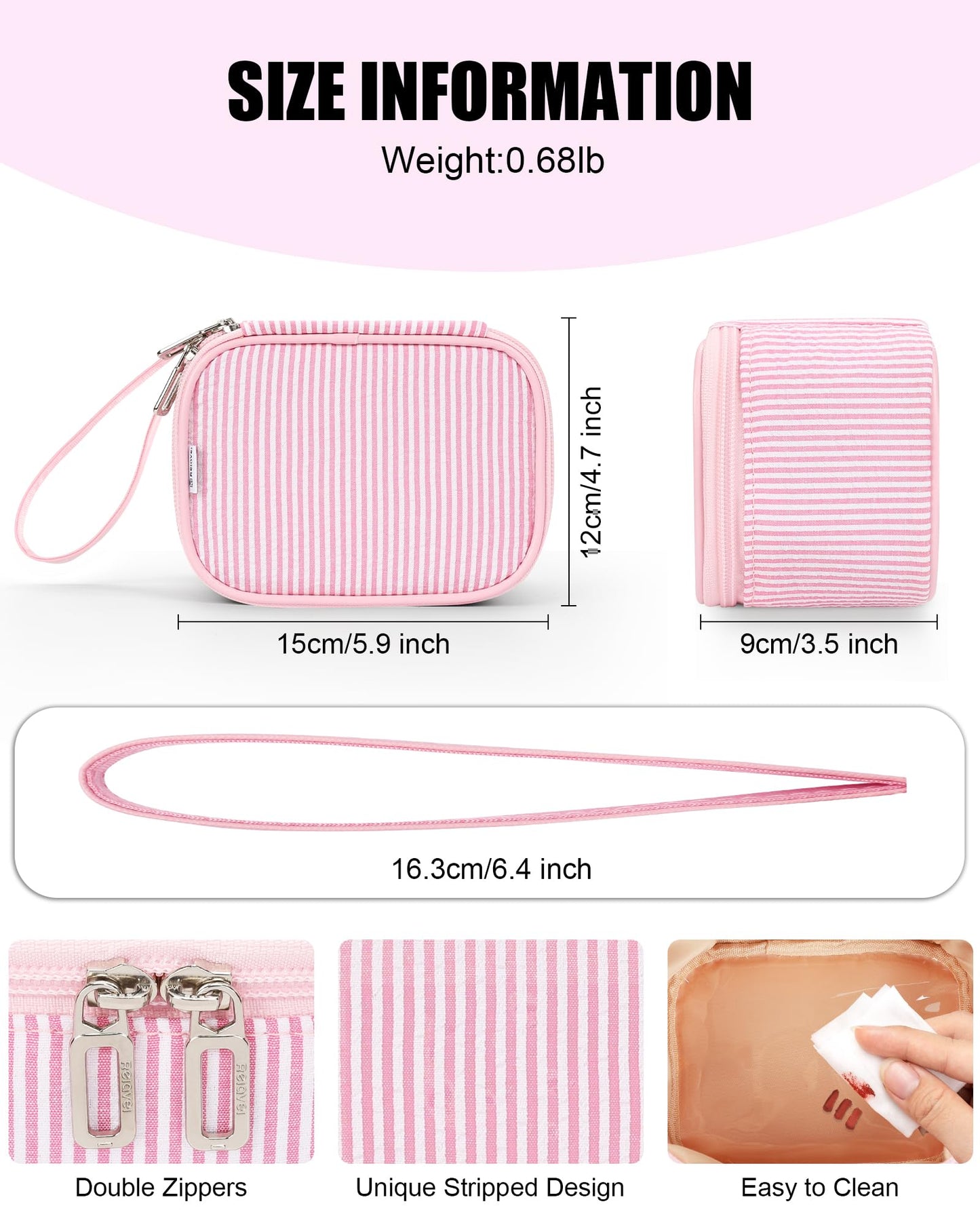 Relavel Mini Makeup Bag with Led Mirror, Small Cosmetic Bag with 3 Light Modes, Rechargeable Portable Makeup Pouch with Hands-Free Wrist Strap for Pool Parties丨Work Touch-Ups丨Travel - Pink Strip
