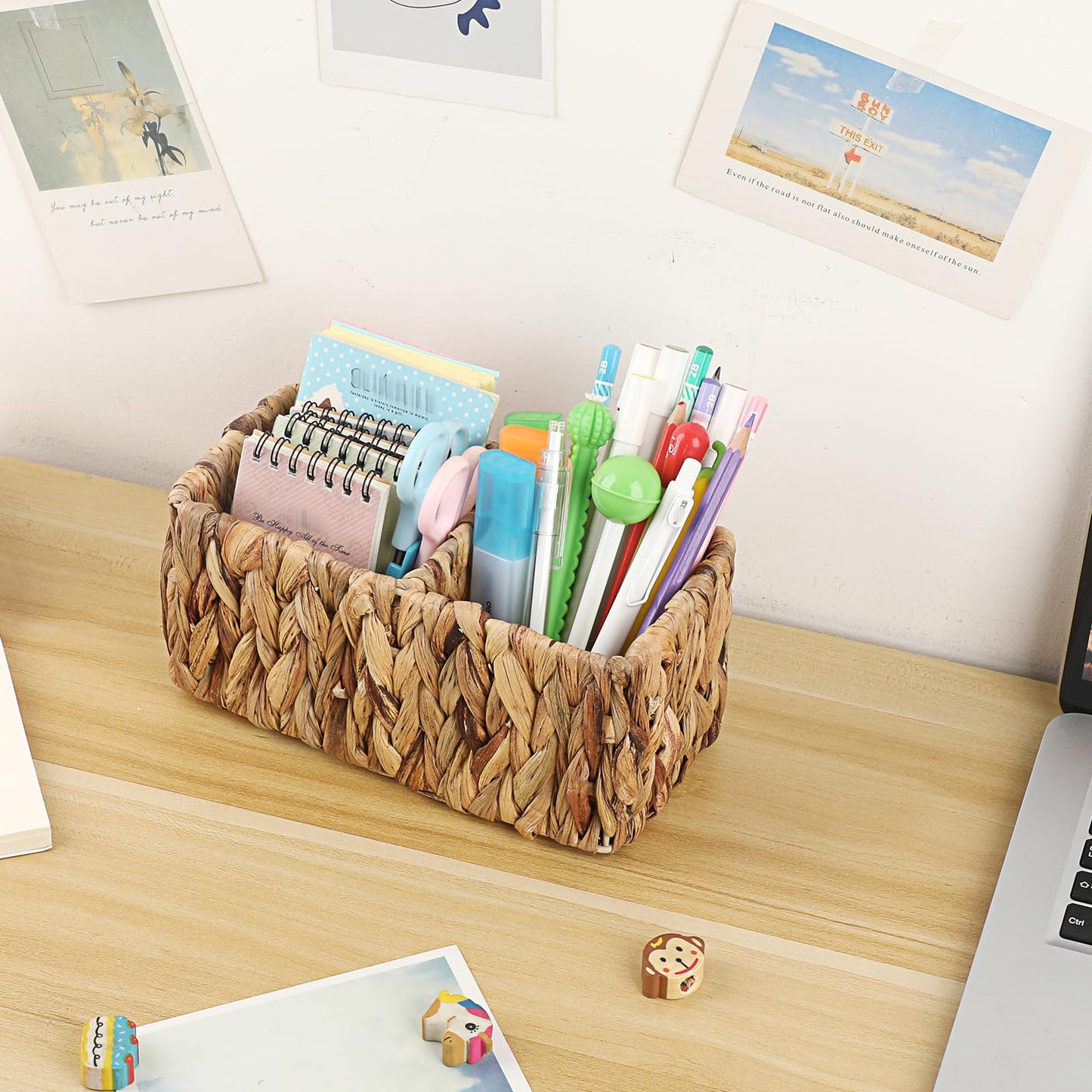 BTSKY Handwoven Remote Control Holder for Table, Natural Water Hyacinth Remote Organizer Caddy Small Wicker Storage Basket, 2-Compartment Office Supplies Desk Organizer Rustic Makeup Brushes Holder