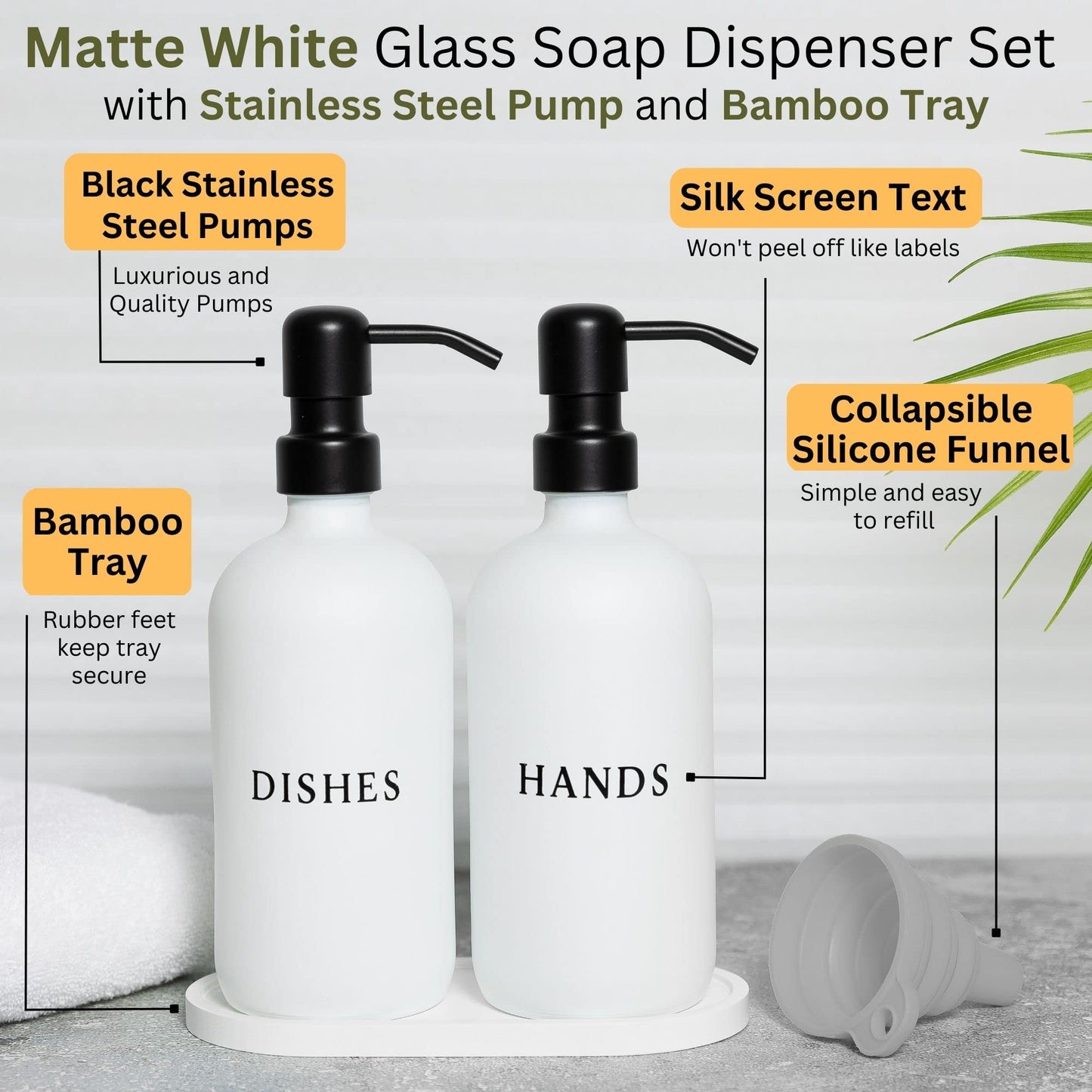 Glass Hand and Dish Soap Dispenser Set with Bamboo Tray – Kitchen Soap Dispenser Set, Black Pumps, 16 oz, Silicone Funnel – Modern Farmhouse Kitchen Sink Decor & Accessories