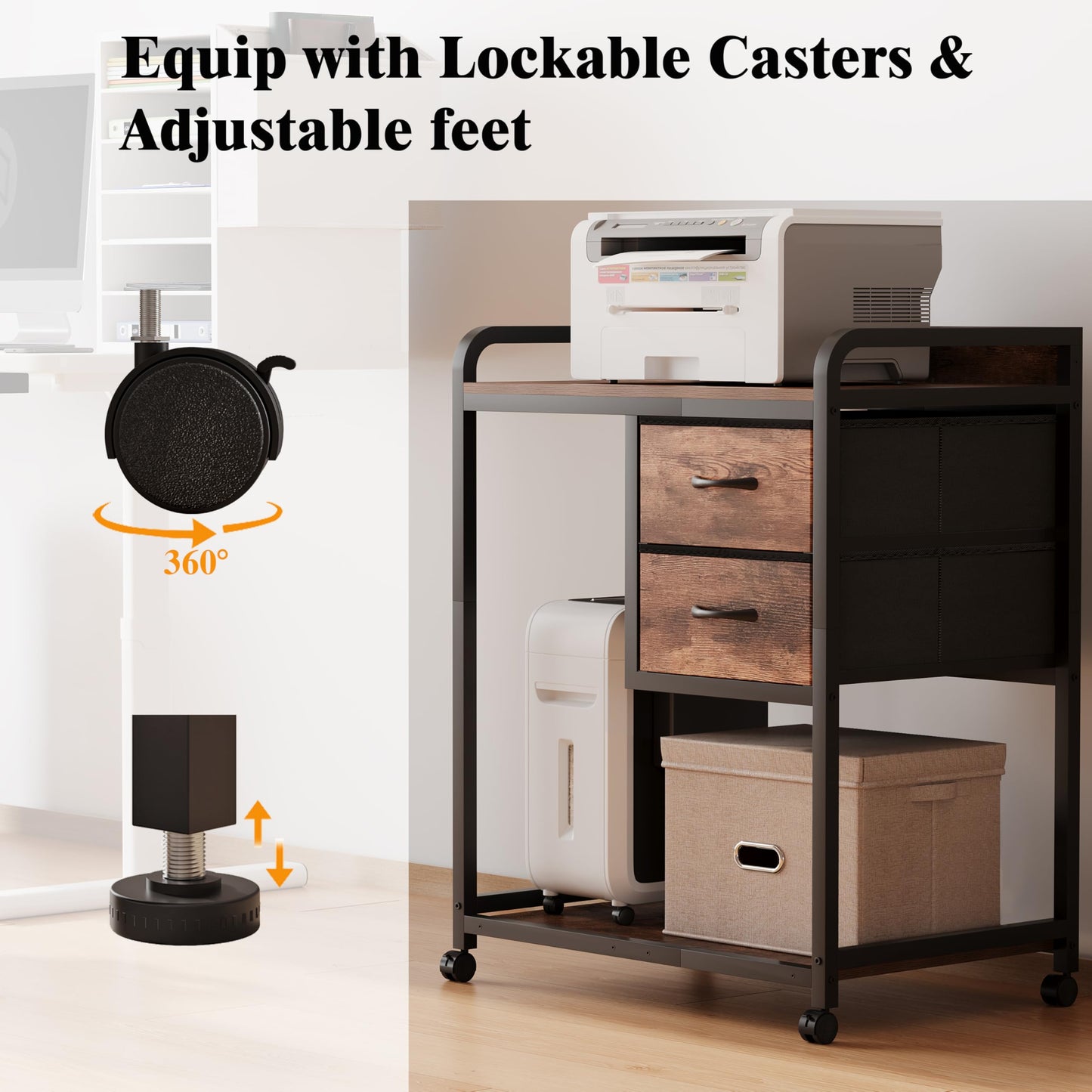 Unionly Large Printer Stand with 2 Fabric Drawers, Mobile Printer Table with Wheels and Computer Tower Slot for Home Office Storage and Organization, Rustic Brown (Rustic Brown)