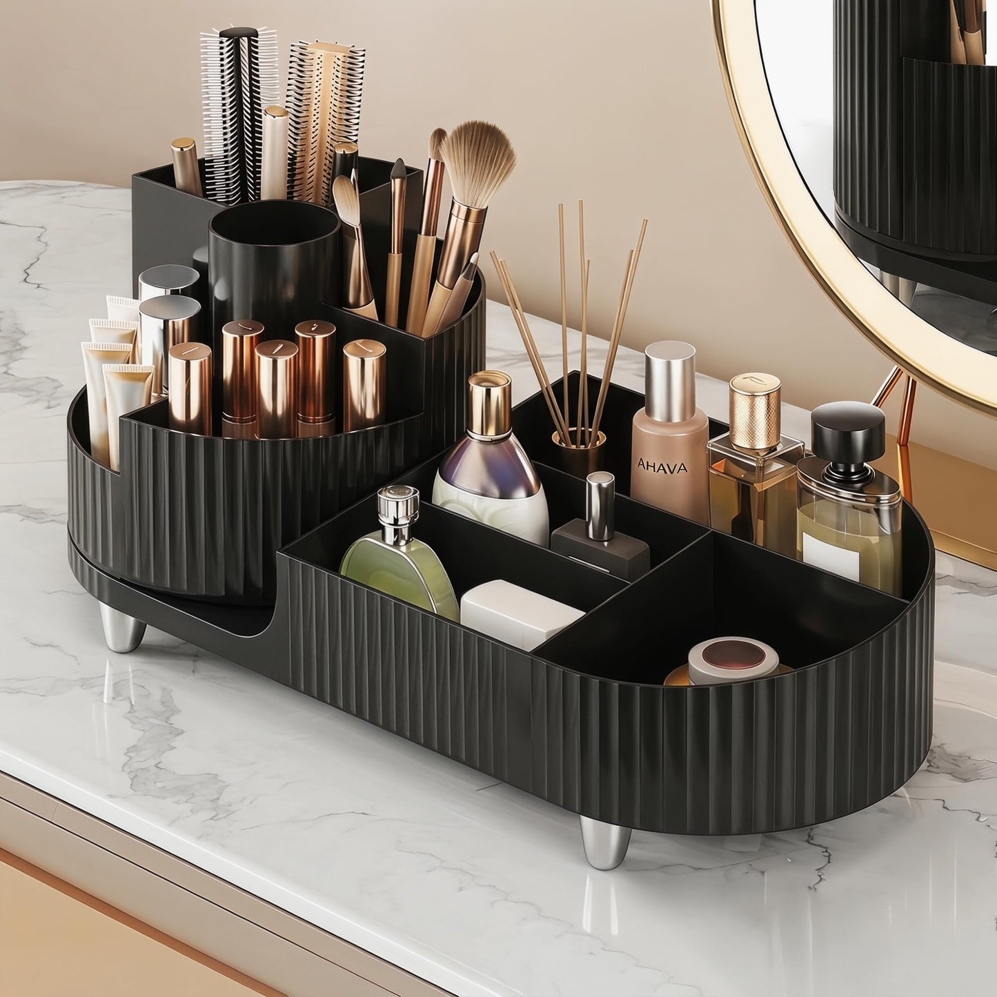Booklov Rotating Makeup Caddy Organizer for Vanity, Large Capacity Cosmetic Display Case, Countertop Beauty Storage Holder for Skincare, Brush Eyeshadow Lipstick, Counter Desk Organization, Black