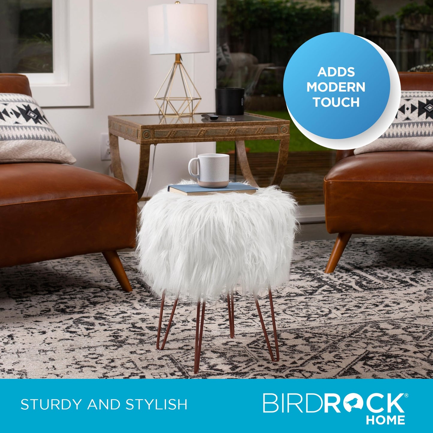 BIRDROCK HOME White Faux Fur Vanity Stool Chair - Soft Furry Compact Padded Seat - Vanity, Living Room, Bedroom and Kids Room Chairs - Hair Pin Metal Legs Upholstered Decorative Furniture Foot Rest
